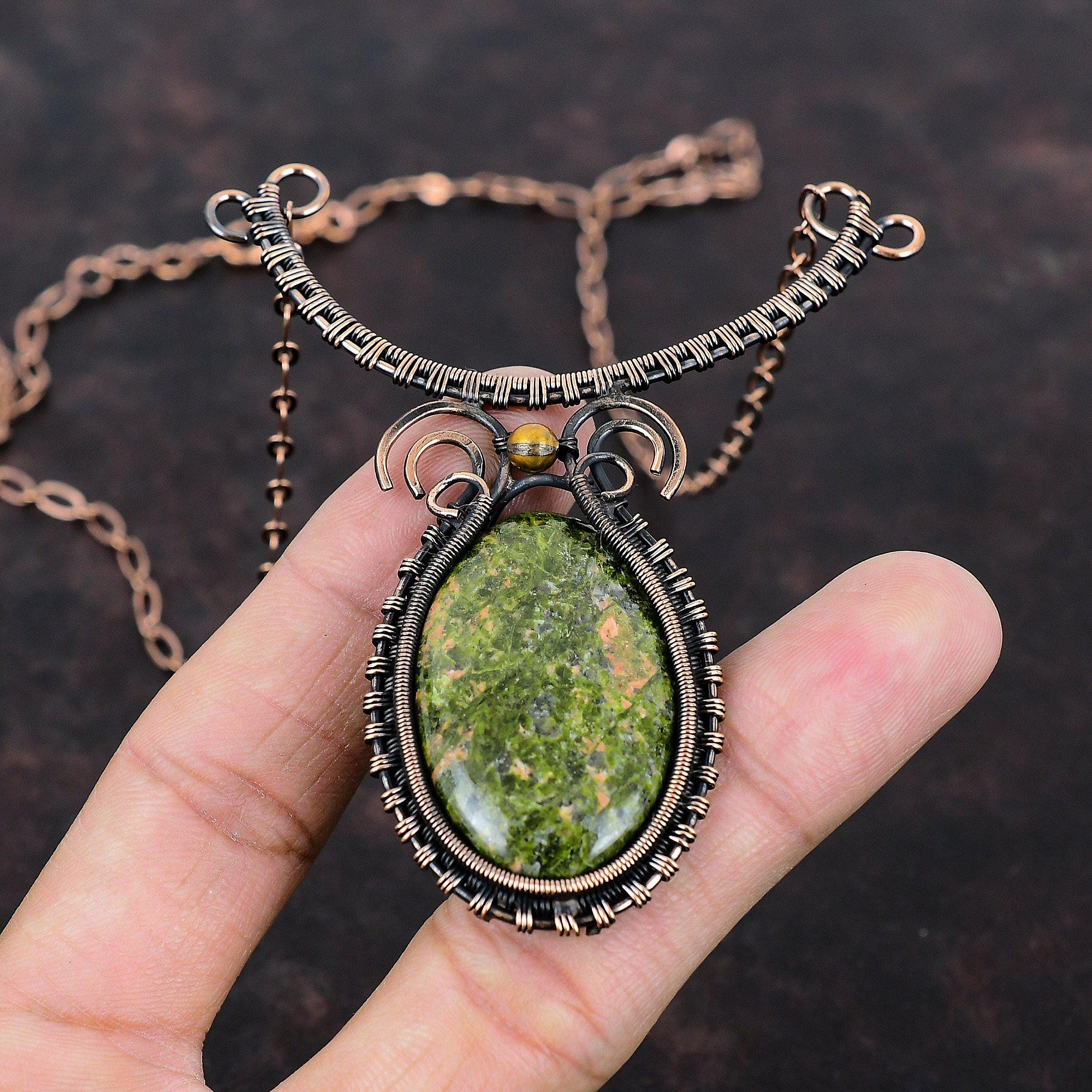 Ожерелье из драгоценных камней унакит, обернутое медной проволокой, регулируемое медное ожерелье, ювелирные изделия ручной работы, ожерелье из проволоки, специальный женский подарок