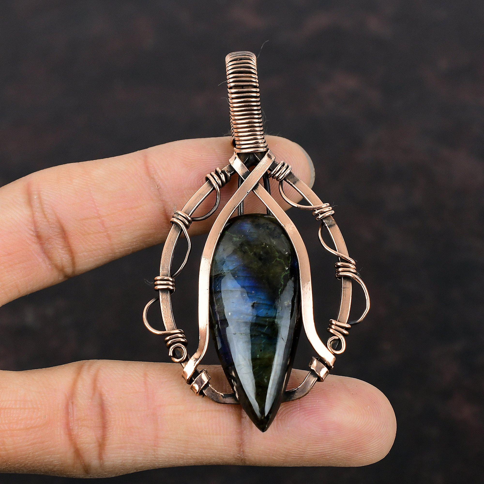 Кулон из лабрадорита, медная проволочная обертка, подвеска из драгоценного камня ручной работы, лабрадорит, медные украшения, подарок на годовщину, проволочная обертка