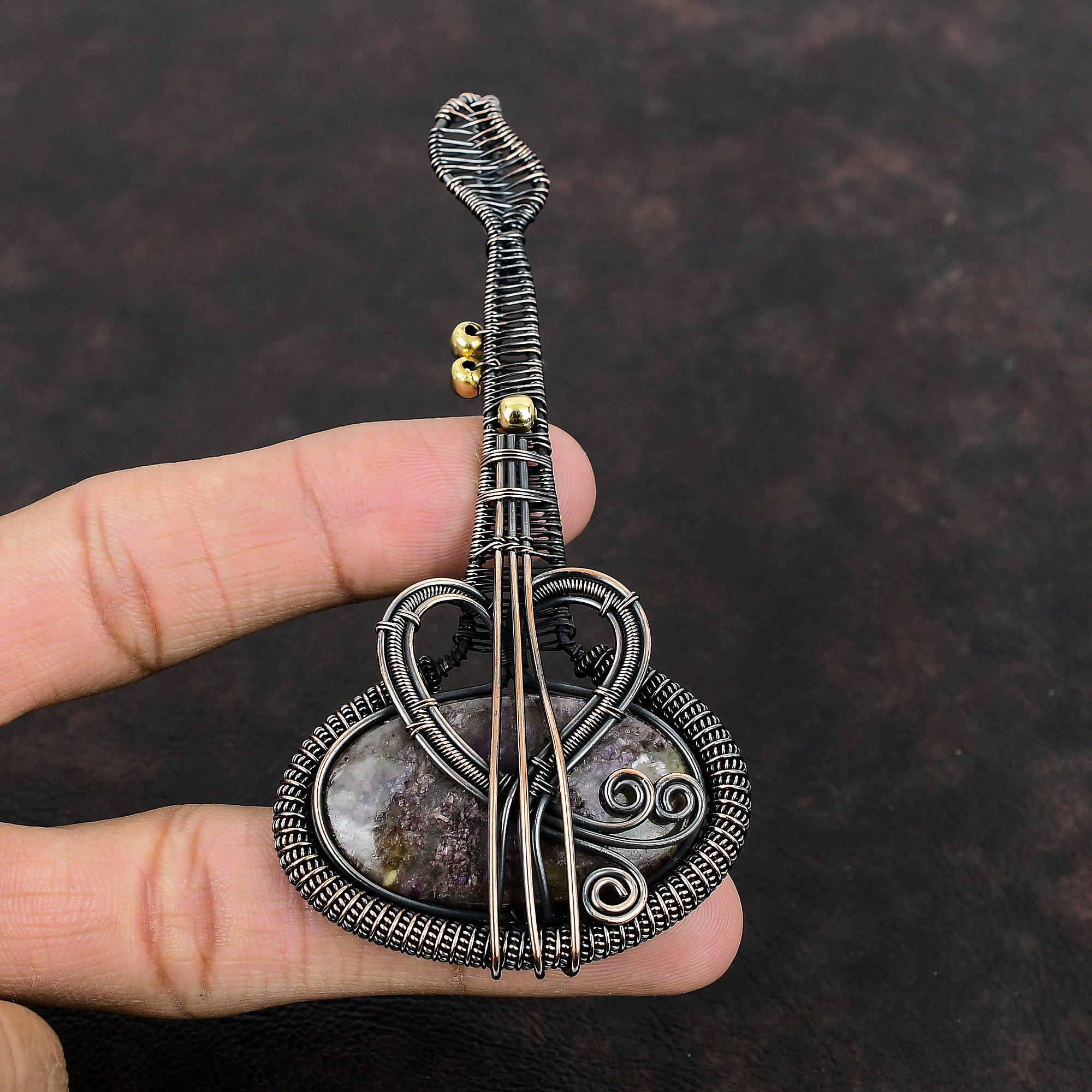 Charoite Pendant Copper Wire Wrapped Pendant Handmade Jewelry Gemstone Pendant Copper Wire Wrap Jewelry Guitar Pendant Women's Special Gift