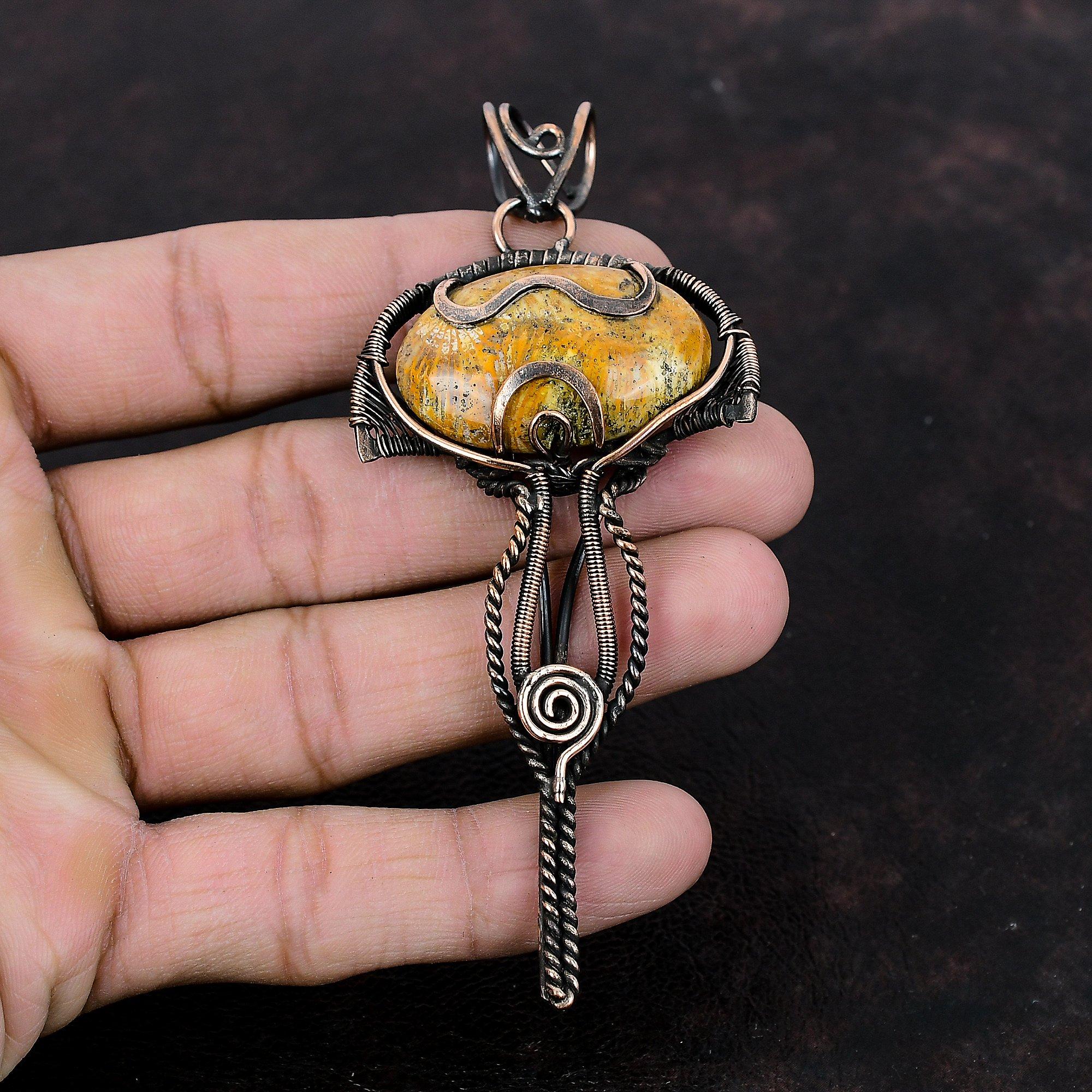 Подвеска из ископаемого коралла, подвеска из медной проволоки, драгоценный камень, ручная работа, медные украшения, стильный кулон, натуральный ископаемый коралл, подарок для мамы