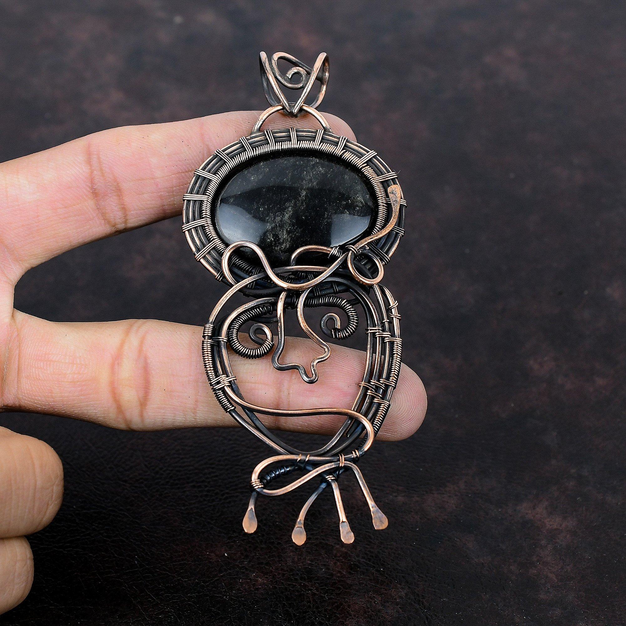 Silver Sheen Obsidian Pendant Copper Wire Wrapped Pendant Gemstone Handmade Pendant Gift For Wedding Silver Sheen Obsidian Copper Jewelry