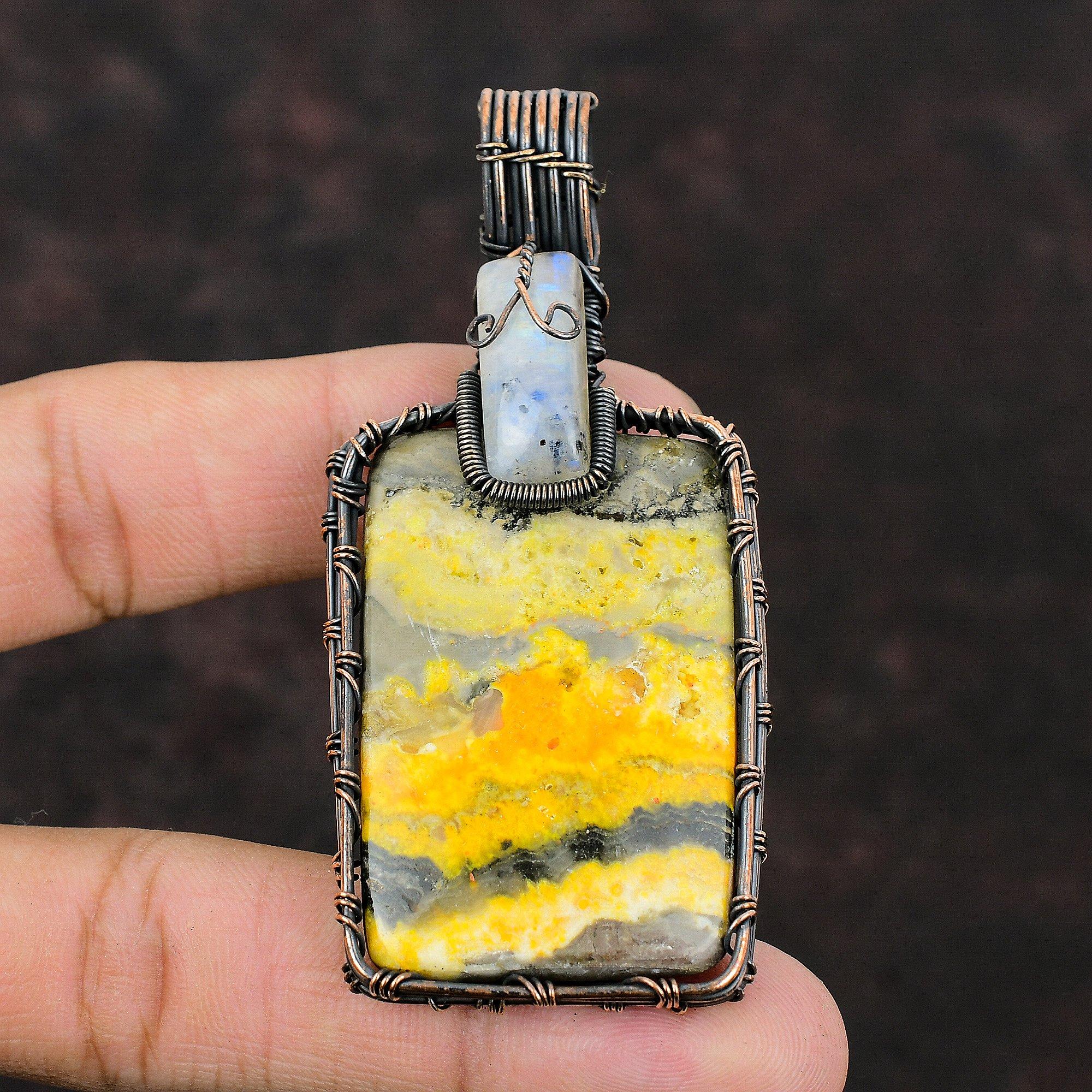 Bumble Bee Jasper Copper Wire Wrapped Pendant Rainbow Moonstone Pendant Copper Jewelry Gemstone Handmade Pendant Wire Wrapped Stone Jewelry