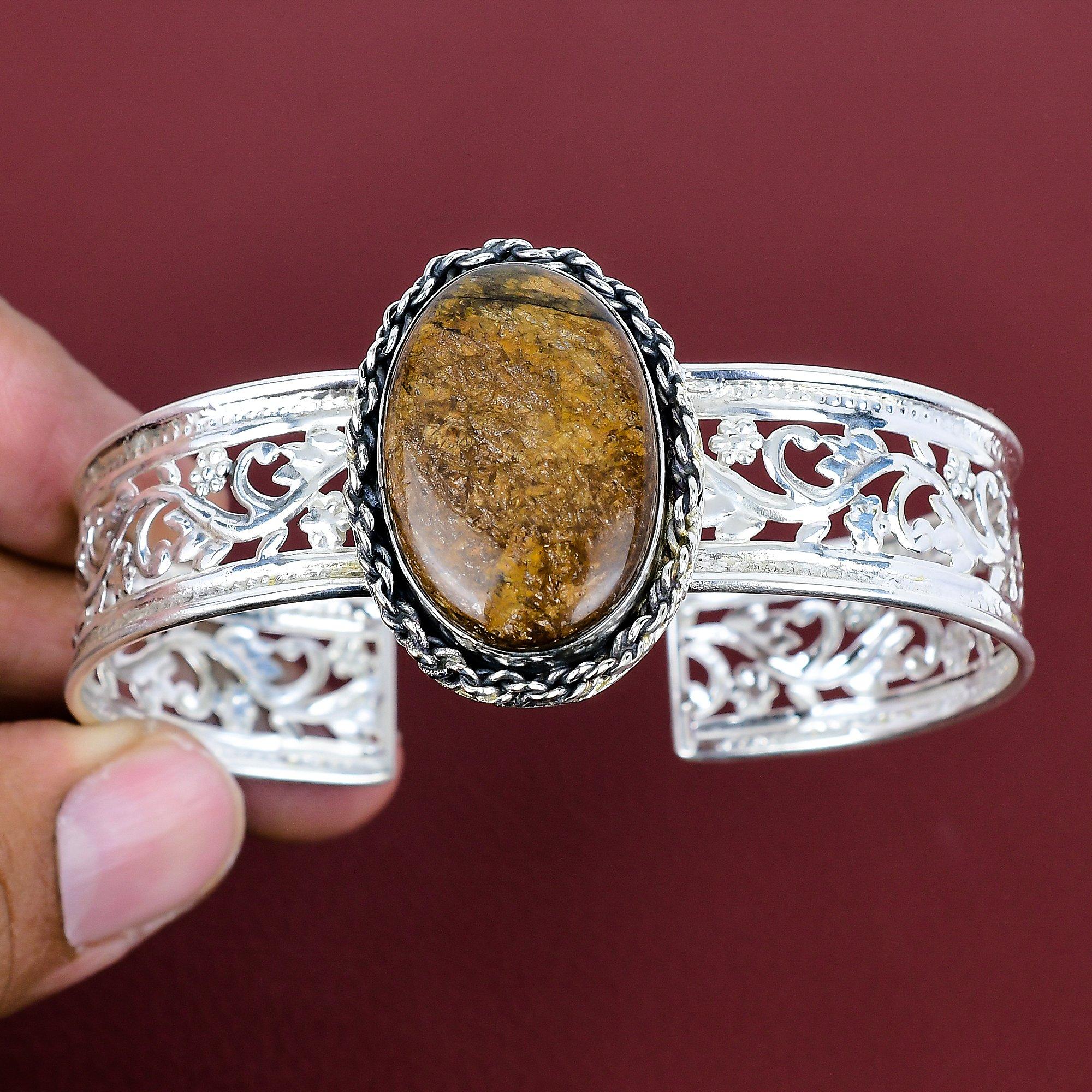 Bronzite cuff bracelet 925 sterling silver bangle gemstone cuff bracelet adjustable bangle handmade cuff latest design jewelry gifts for her