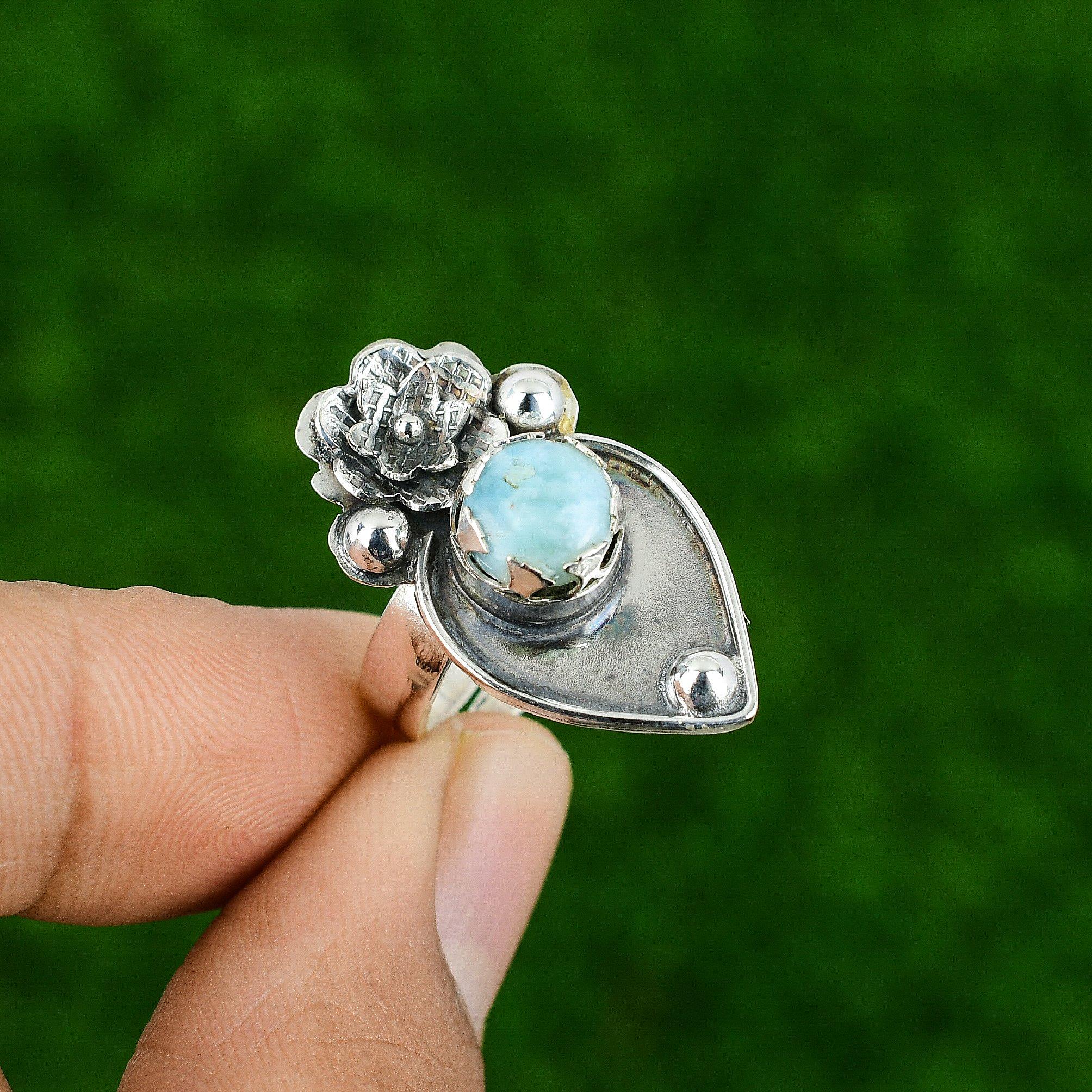 Natural Larimar Gemstone 925 Silver Statement Flower Adjustable Ring For Girls