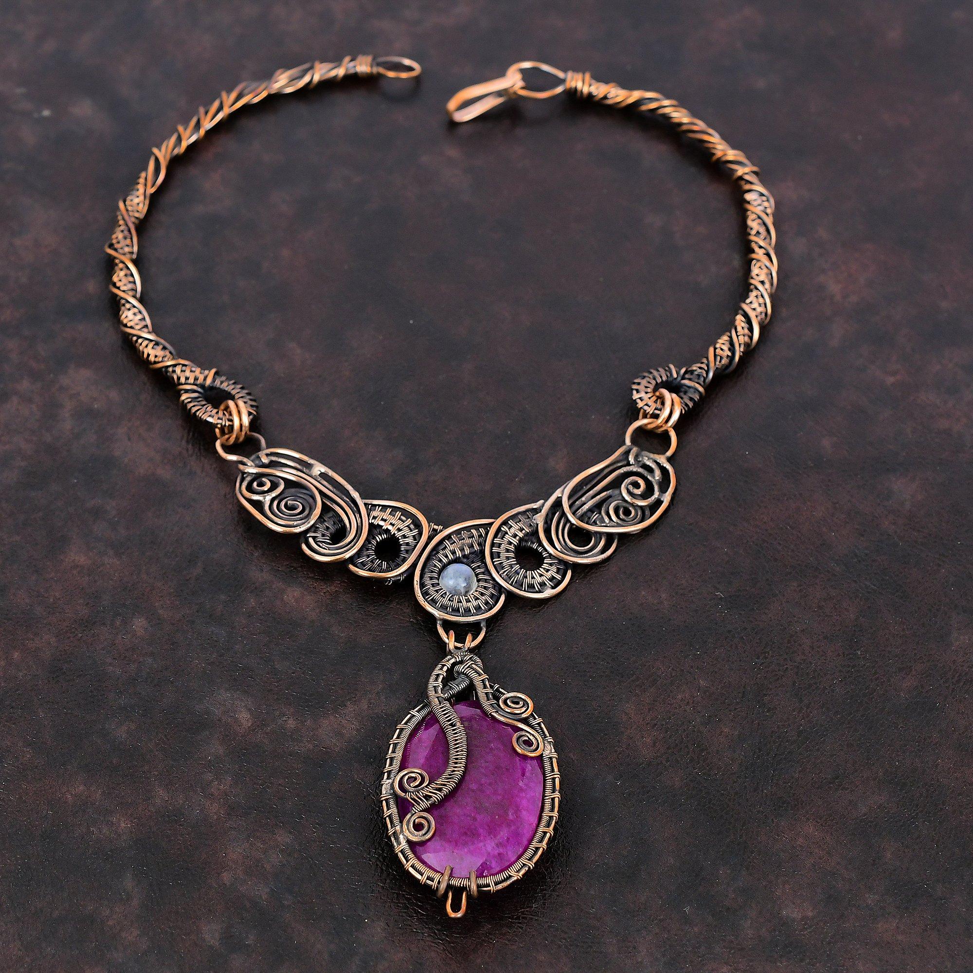 Ожерелье из граненого кашмирского рубина, обернутое медной проволокой, радужное ожерелье из лунного камня, ручная работа, медные украшения, ожерелье из настоящего драгоценного камня, подарок для матери