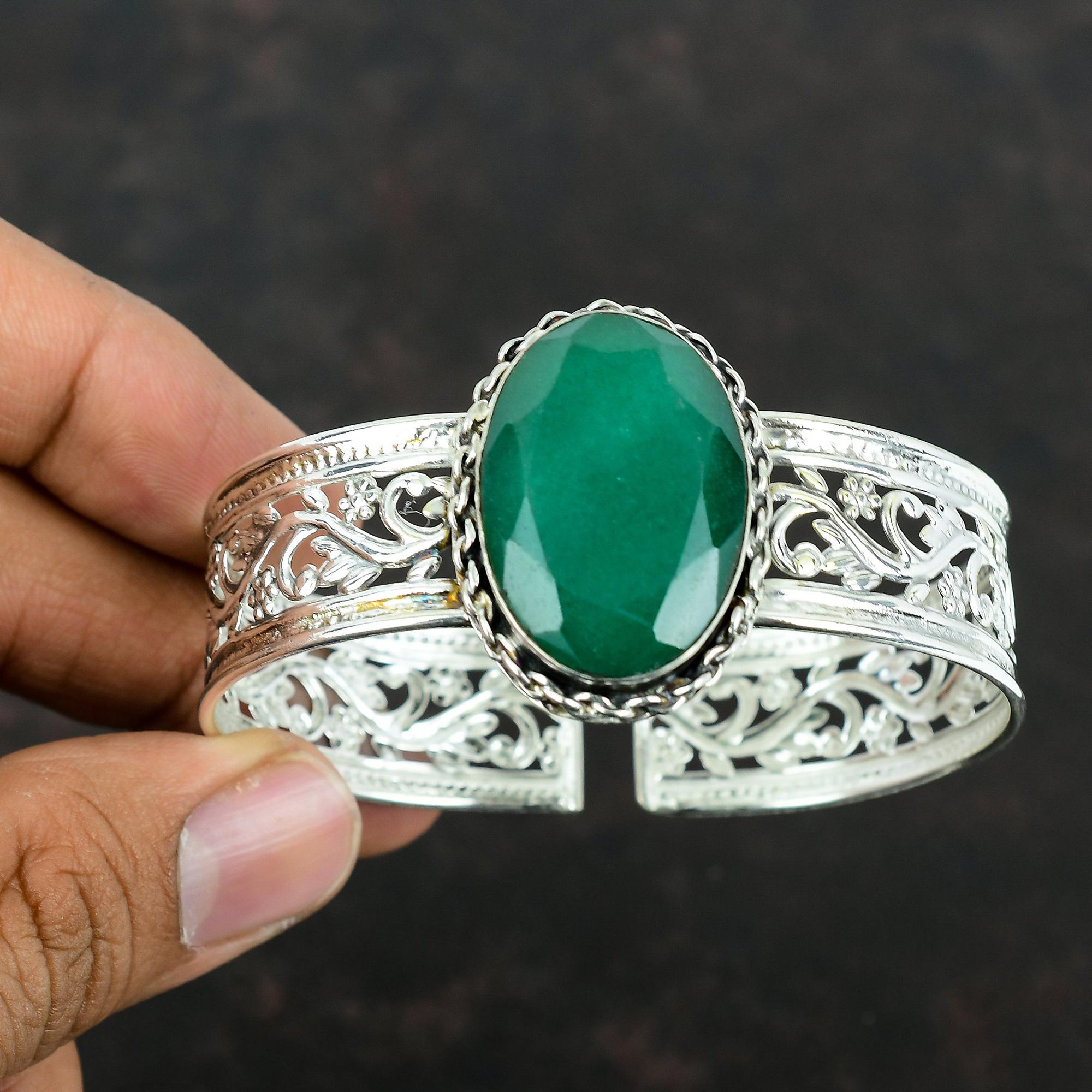 Faceted Zambian Emerald Cuff Bracelet Genuine Gemstone Bangle 925 Sterling Silver Bangle Adjustable Bangle Handmade Jewelry Engagement Gifts