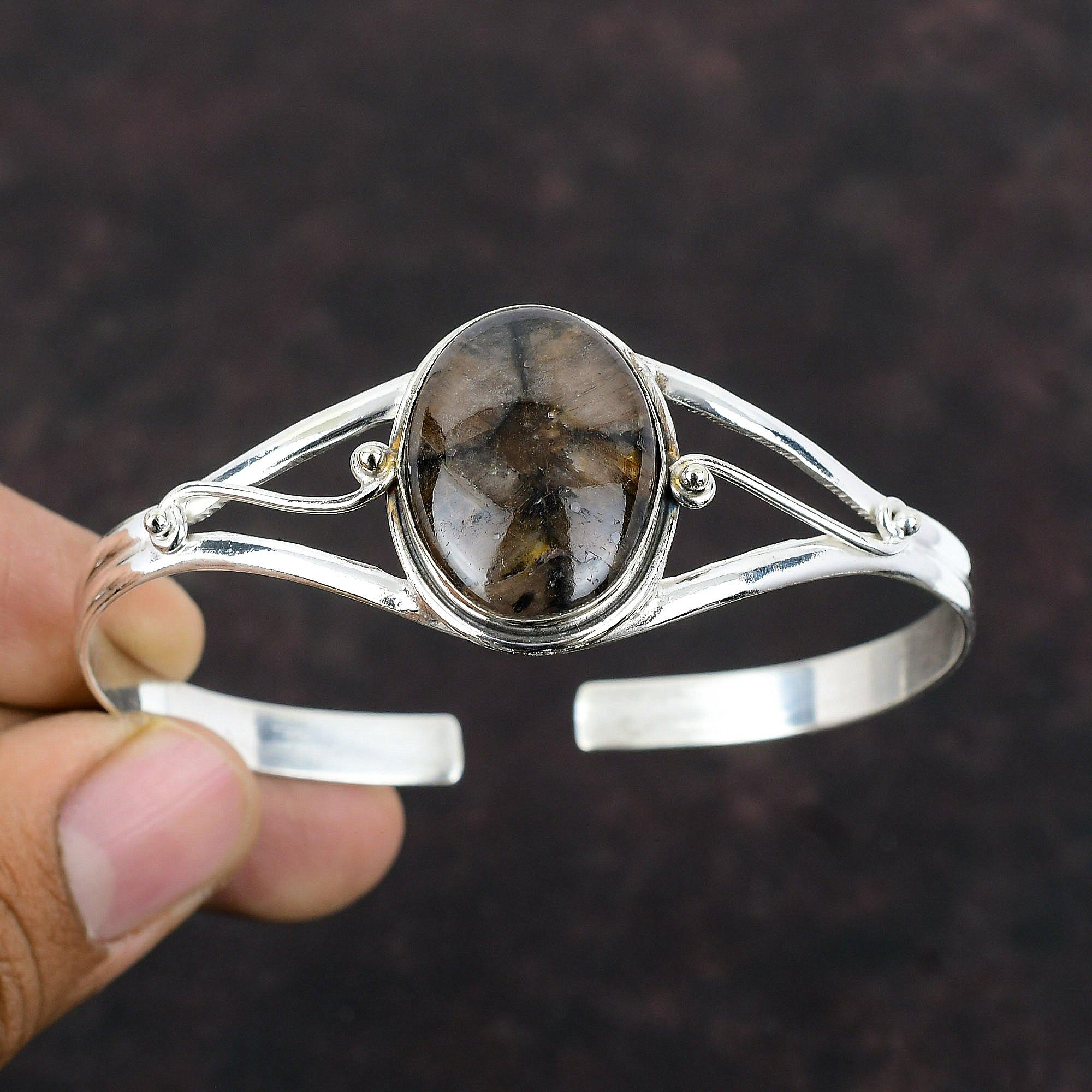 Браслет-манжета с хиастолитом, ювелирные изделия ручной работы, стерлинговое серебро 925 пробы, браслет-манжета, браслет-манжета с драгоценным камнем, регулируемый браслет, подарок для женщин, достойные ювелирные изделия