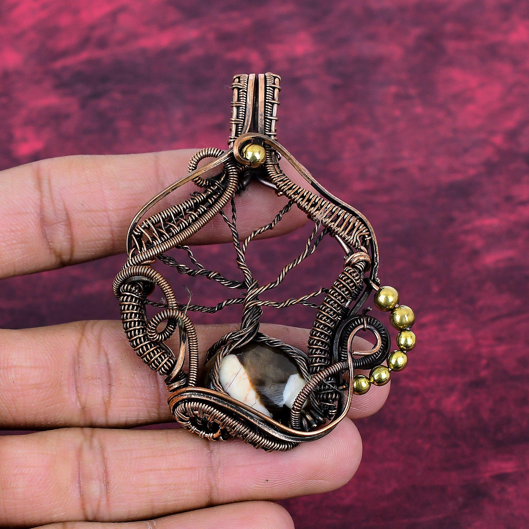 Tree Of Life Peanut Wood Jasper Pendant Gemstone Copper Wire Wrapped Jewelry Handmade Pendant