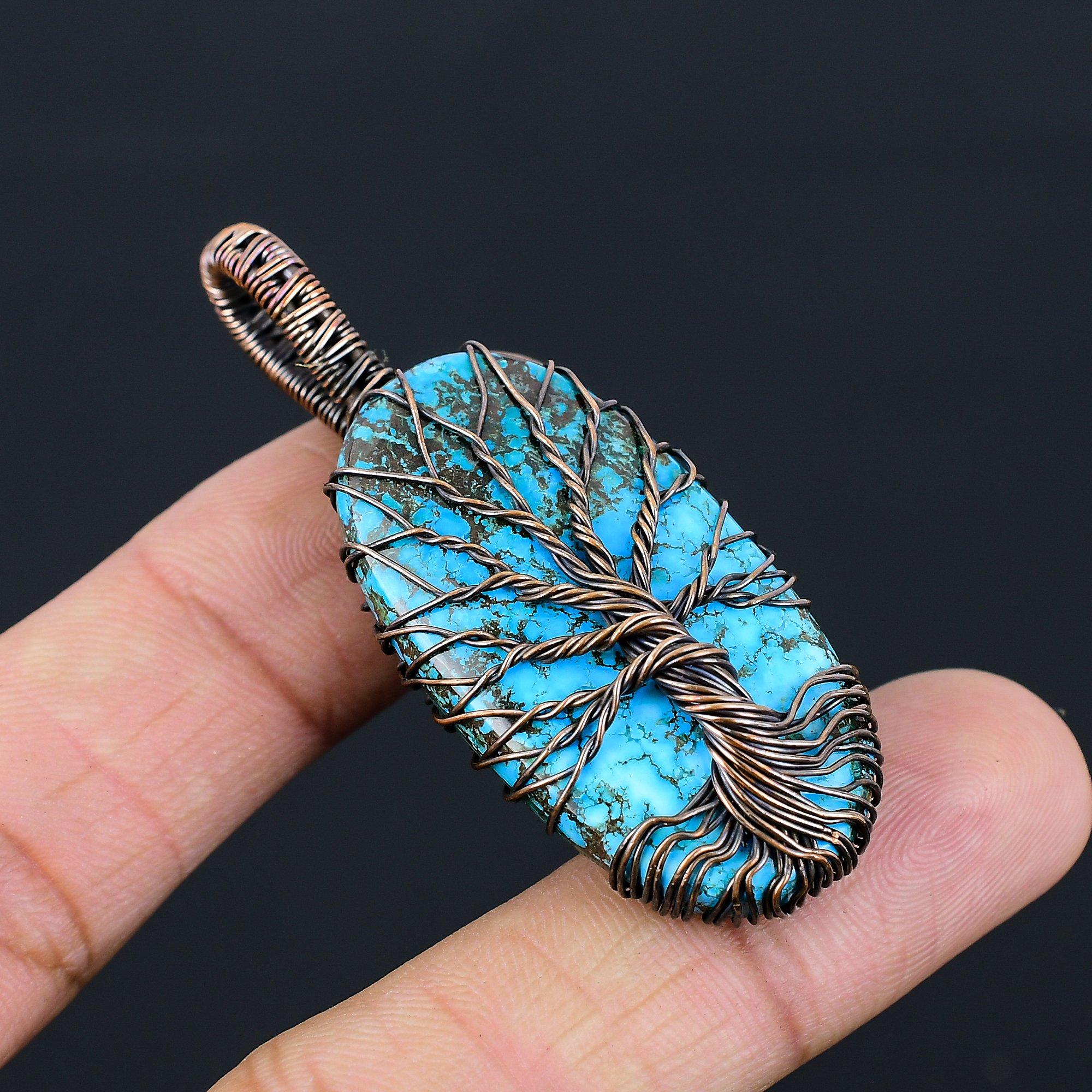 Tree Of Life Tibetan Turquoise Gemstone Pure Copper Wire Wrapped Handmade Pendant Jewelry