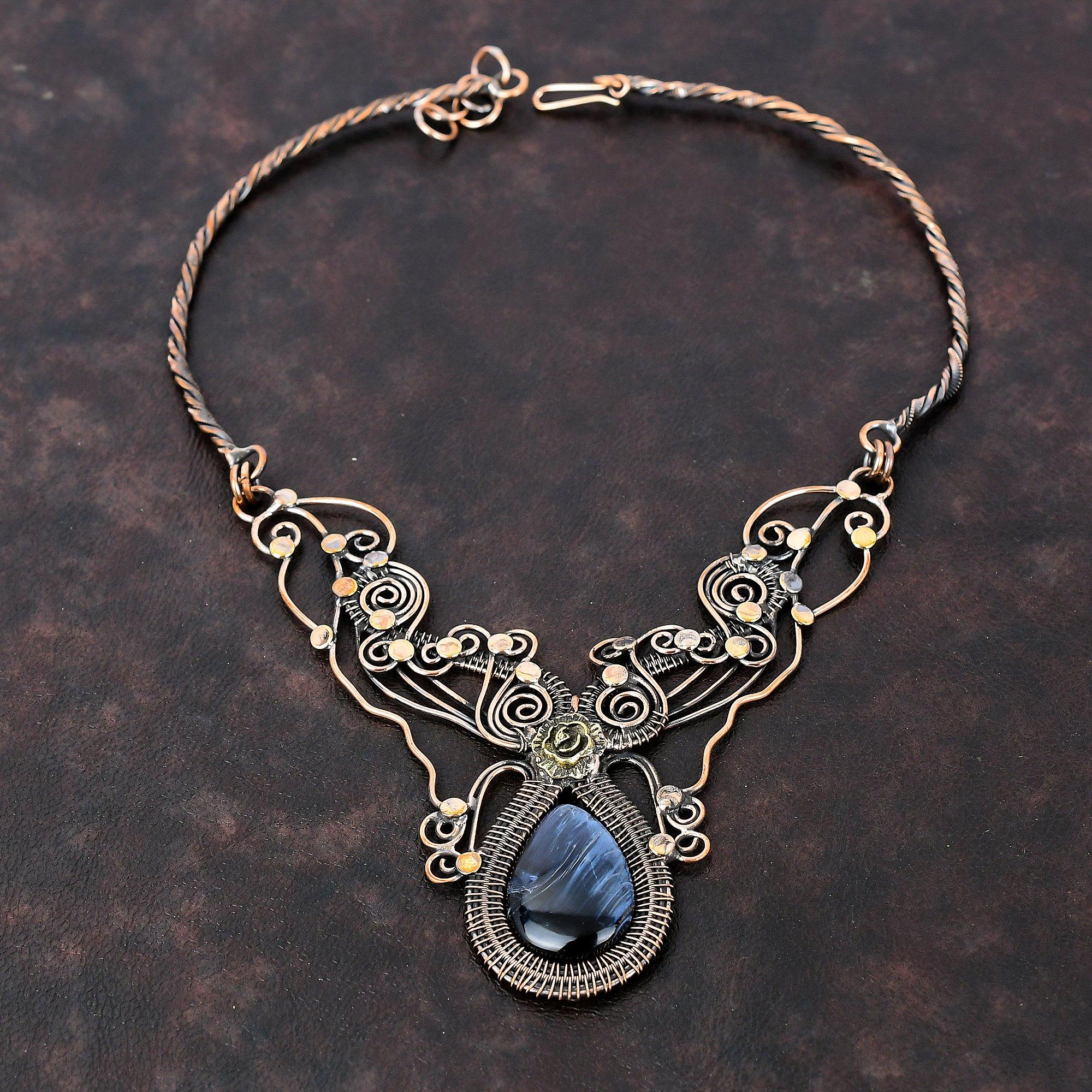 Ожерелье Pietersite, обернутое медной проволокой, ювелирное изделие, ожерелье из меди с драгоценными камнями, регулируемое ожерелье, ожерелье ручной работы, обернутое проволокой, подарок для невесты