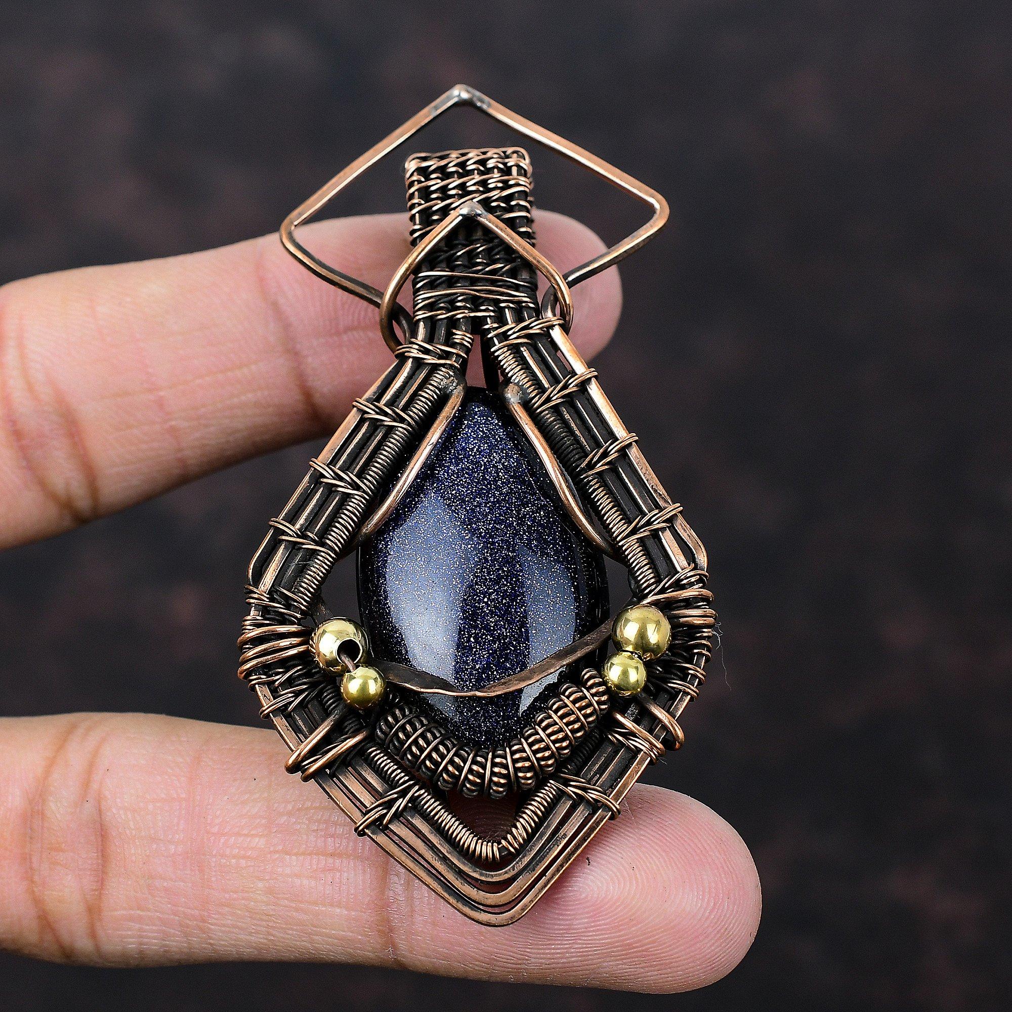 Голубой солнечный камень подвеска из медной проволоки, обернутая драгоценным камнем подвеска ручной работы, обернутая медной проволокой подвеска в подарок жене Голубой солнечный камень ювелирные изделия