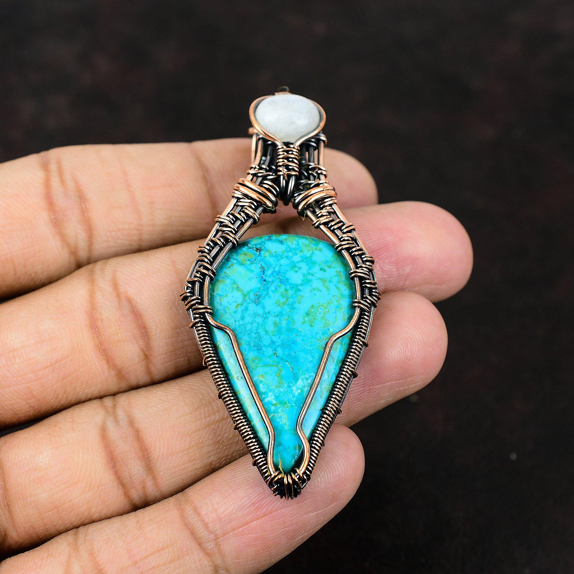 Аризона Бирюзовый Кулон Медная Проволока Обернутый Кулон Дизайнерские Ювелирные Изделия Радуга Кулон Из Лунного Камня Ювелирные Изделия Ручной Работы Для Женщин Подарок Для Мамы