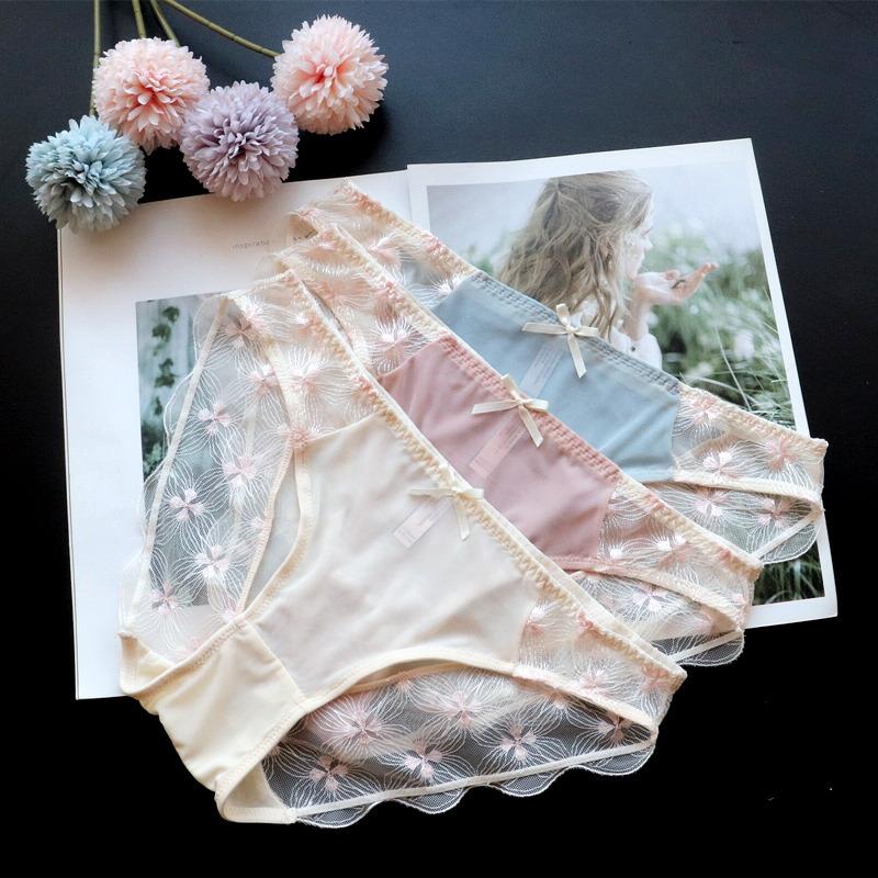 Mesh Girl Embroidery Sexy Underwear Plus Size Women Low-rise Panties Women's Ice Silk Breathable Women's Briefs