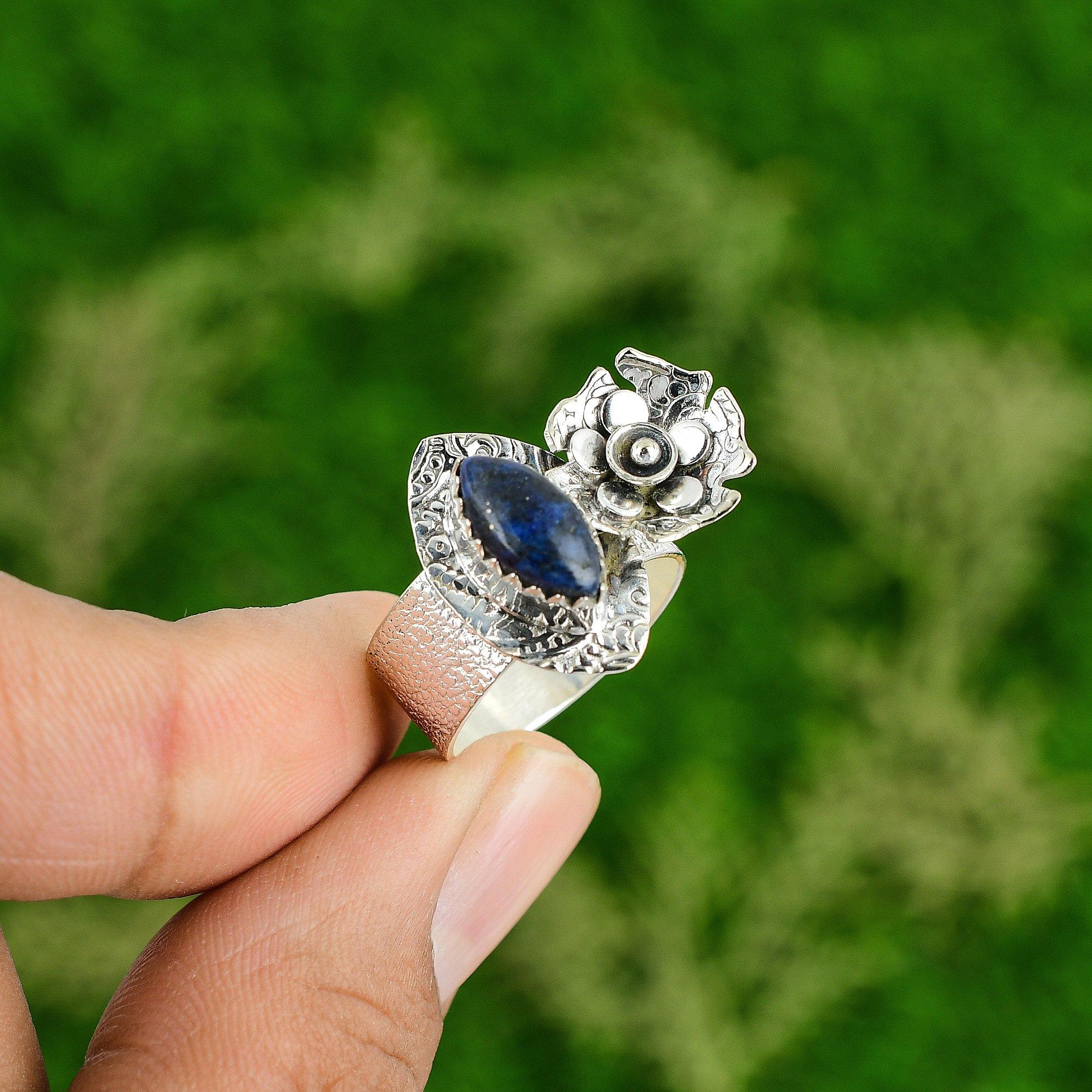Natural Lapis Lazuli Gemstone 925 Silver Statement Flower Ring Size 8 For Women