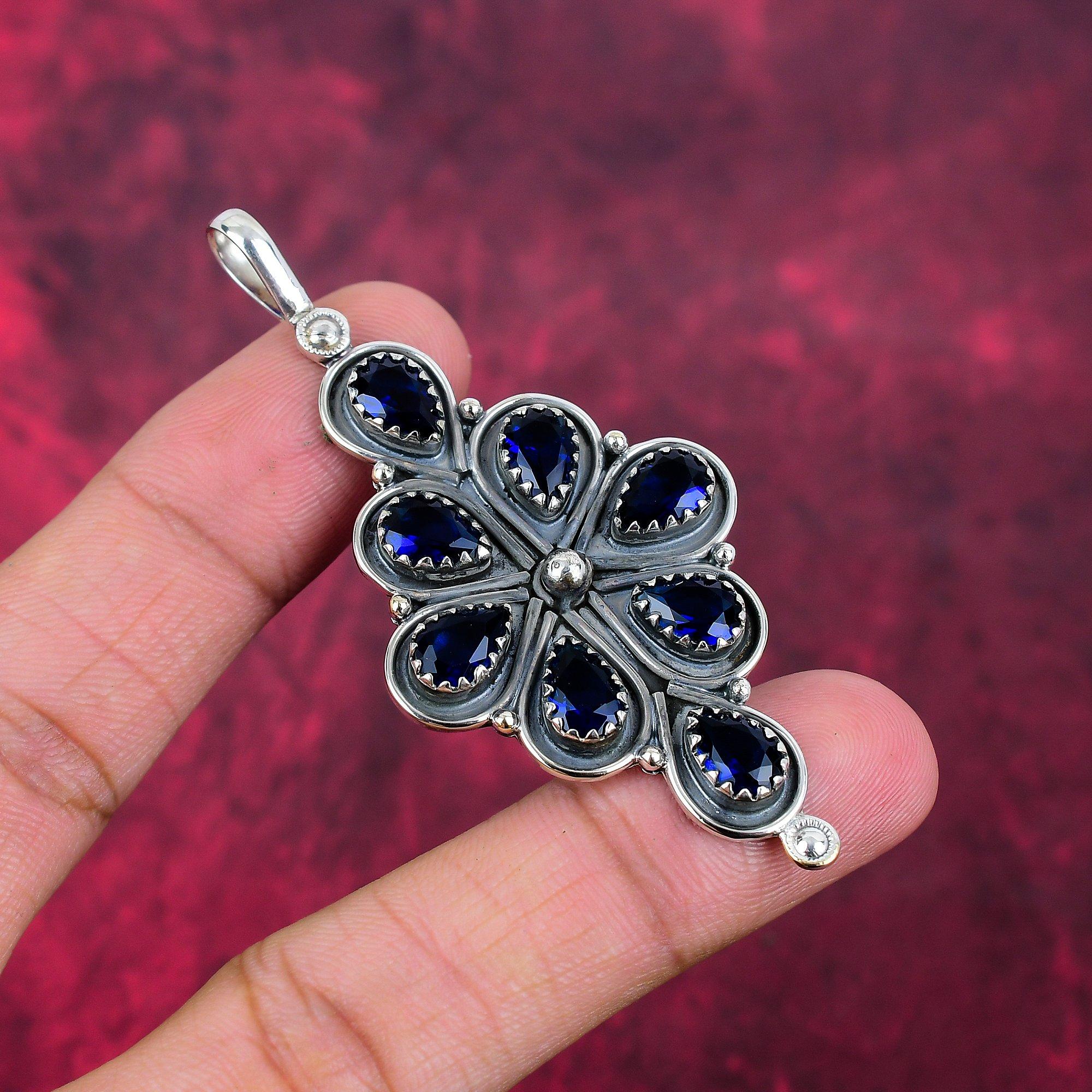 Подвеска с синим сапфиром, подвеска из драгоценного камня ручной работы, подвеска из стерлингового серебра 925 пробы, антикварные ювелирные изделия, для подарка на помолвку