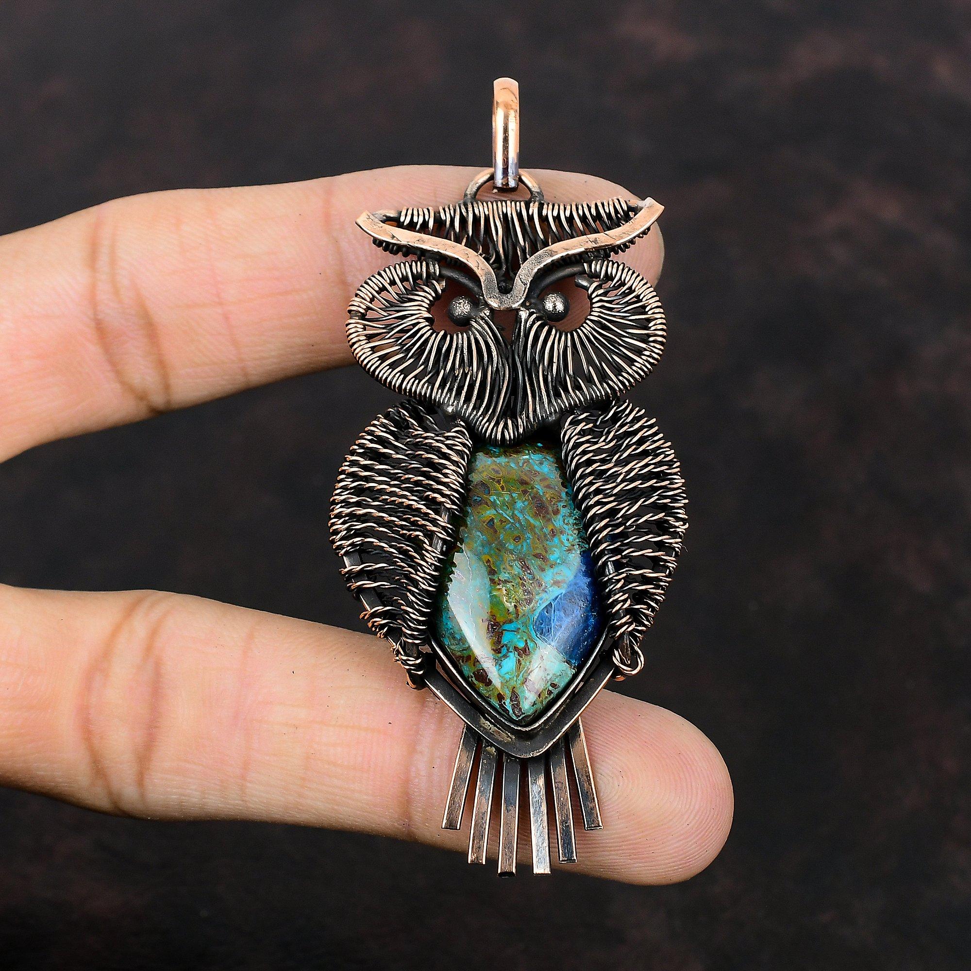 Azurite Malachite Pendant Copper Wire Wrapped Pendant Gemstone Copper Jewelry Handmade Pendant Wire Wrap Jewelry Owl Pendant Gift For Mother