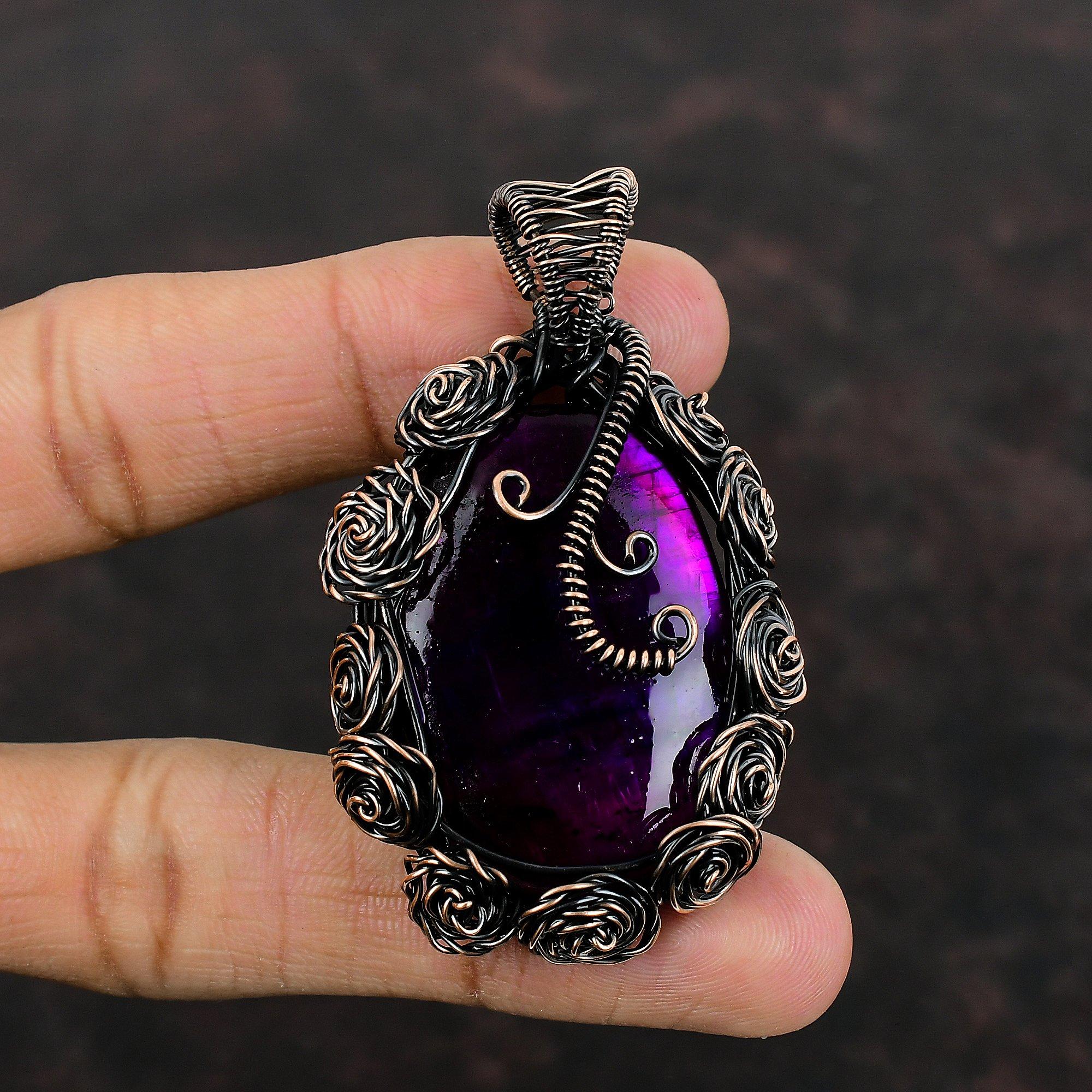 Подвеска из фиолетового огненного лабрадорита, подвеска из медной проволоки, подвеска из драгоценного камня ручной работы, подвеска из медной проволоки, дизайнерская подвеска для подарков