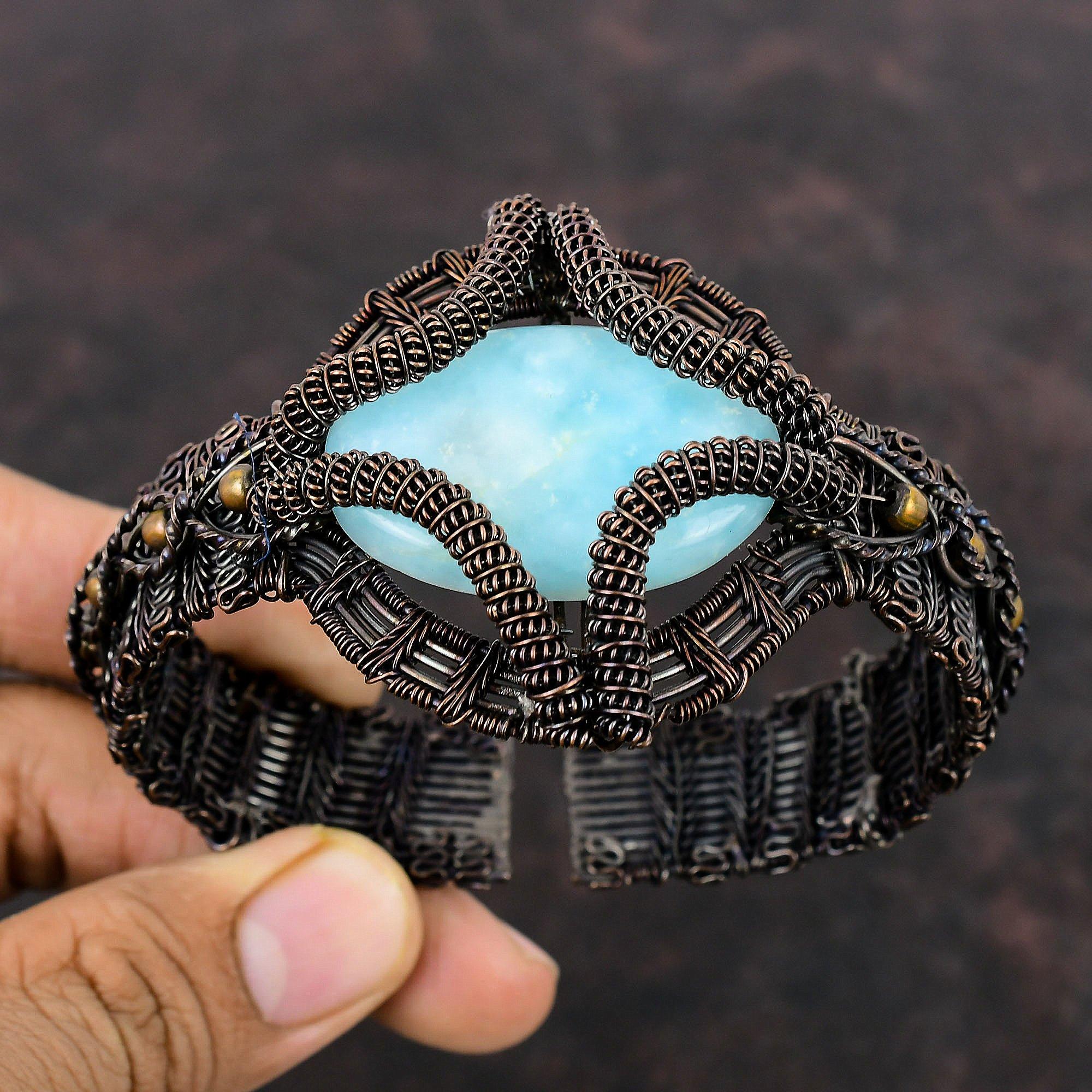 Браслет-манжета Larimar, медная проволока, ювелирные изделия, регулируемая манжета, браслет-манжета с драгоценными камнями, браслет-манжета из медной проволоки, браслет ручной работы, подарок для мамы