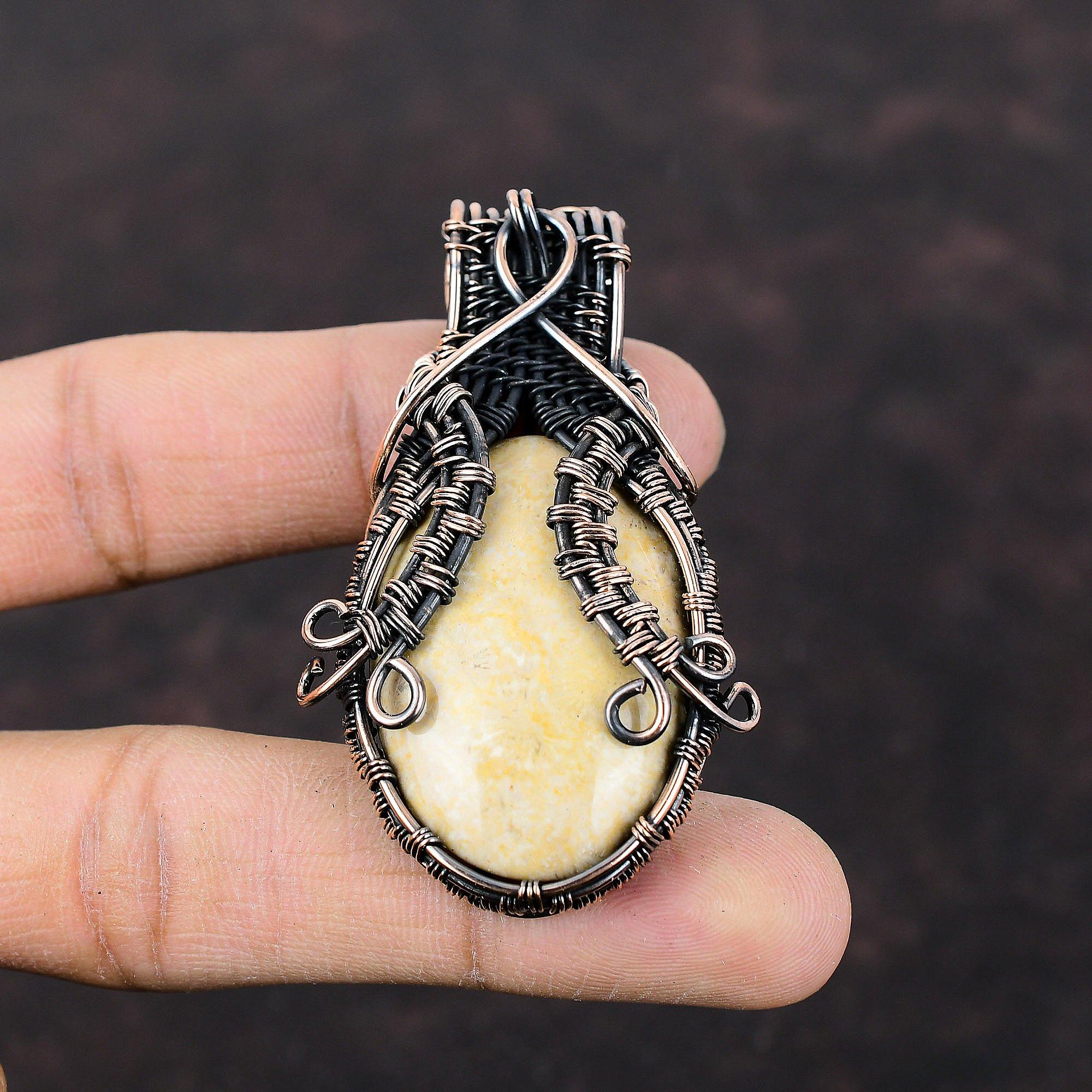 Подвеска из ископаемого коралла, подвеска из медной проволоки, совершенно новая подвеска, драгоценный камень, медные украшения, подвеска ручной работы, подарок для женщин, ювелирные изделия из проволоки