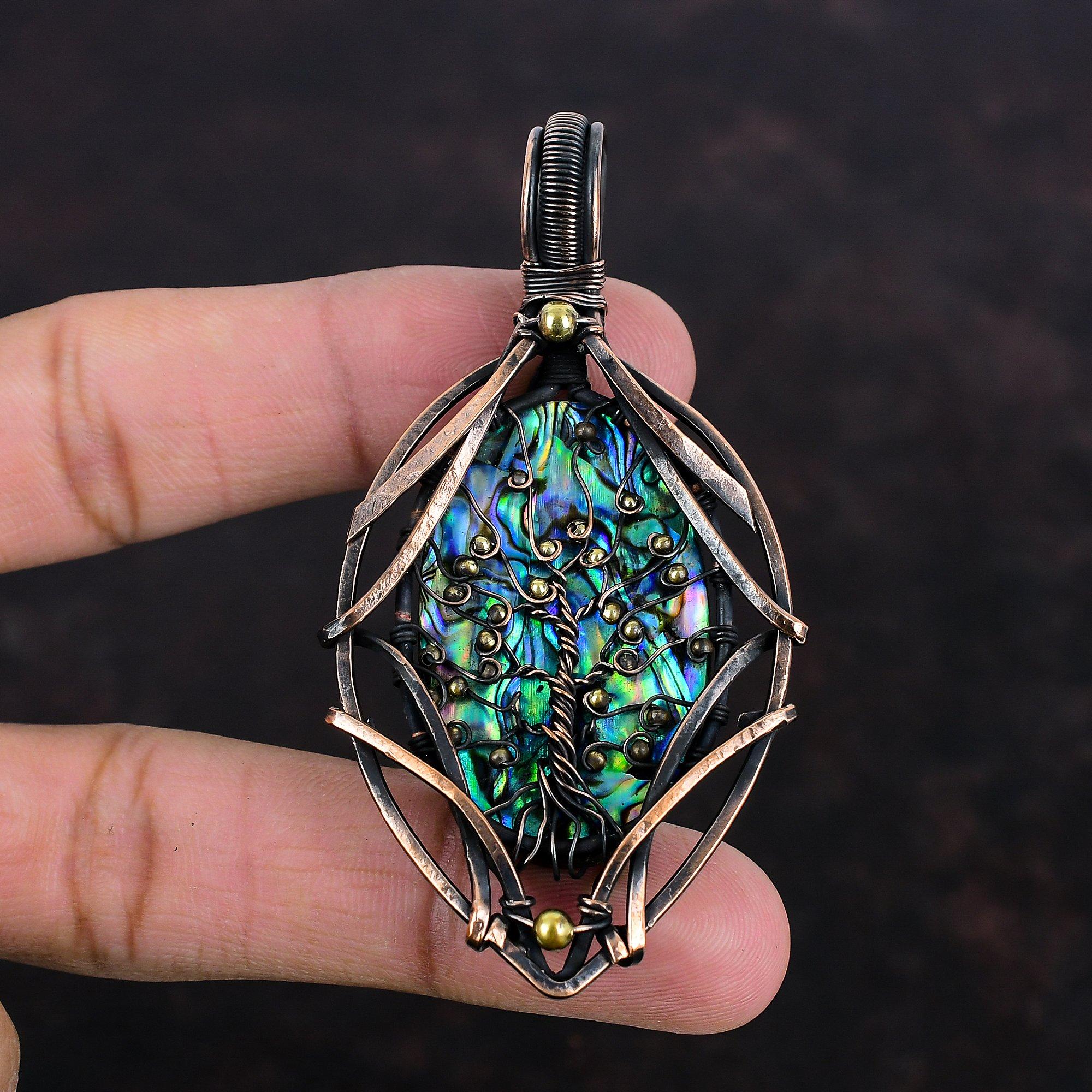 Tree Of Life Abalone Shell Pendant Copper Wire Wrapped Pendant Gemstone Handmade Pendant Copper Jewelry Unique Design Pendant Gifts For Wife