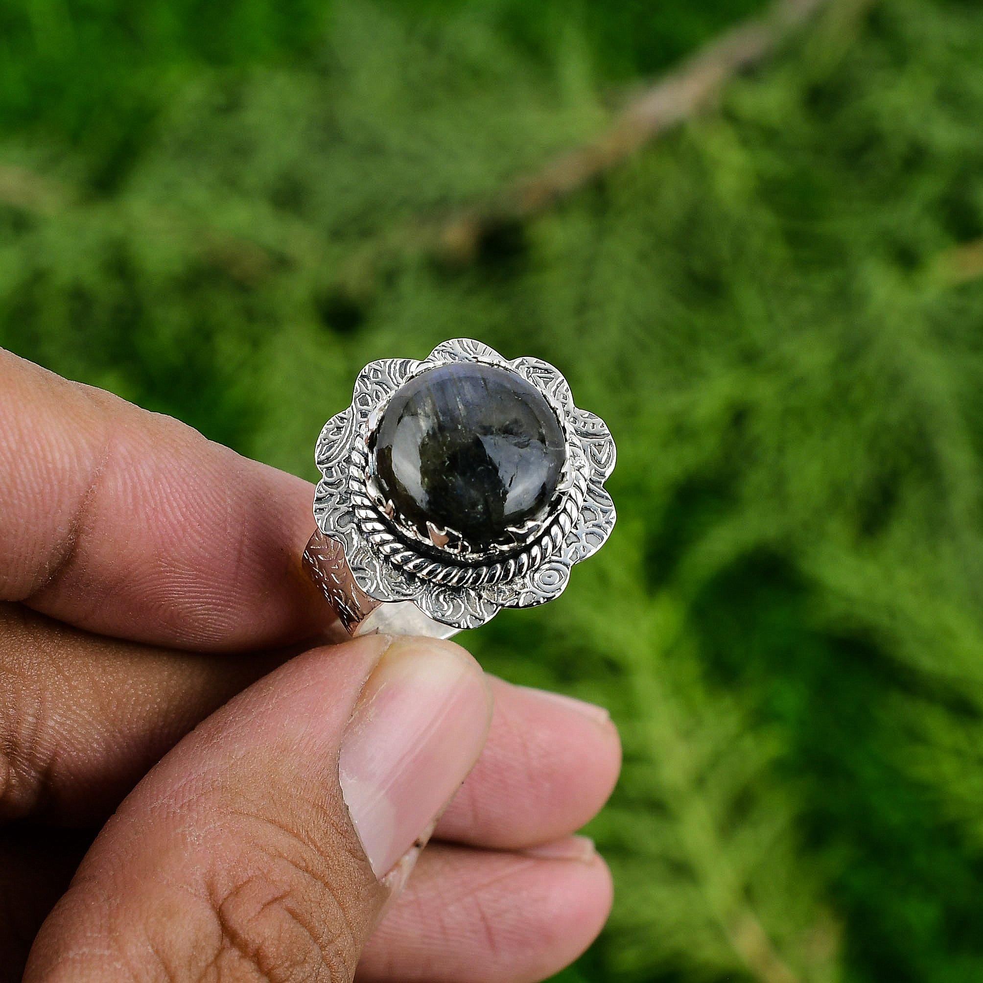 Natural Labradorite Gemstone Promise Blue Adjustable Ring 925 Sterling Silver