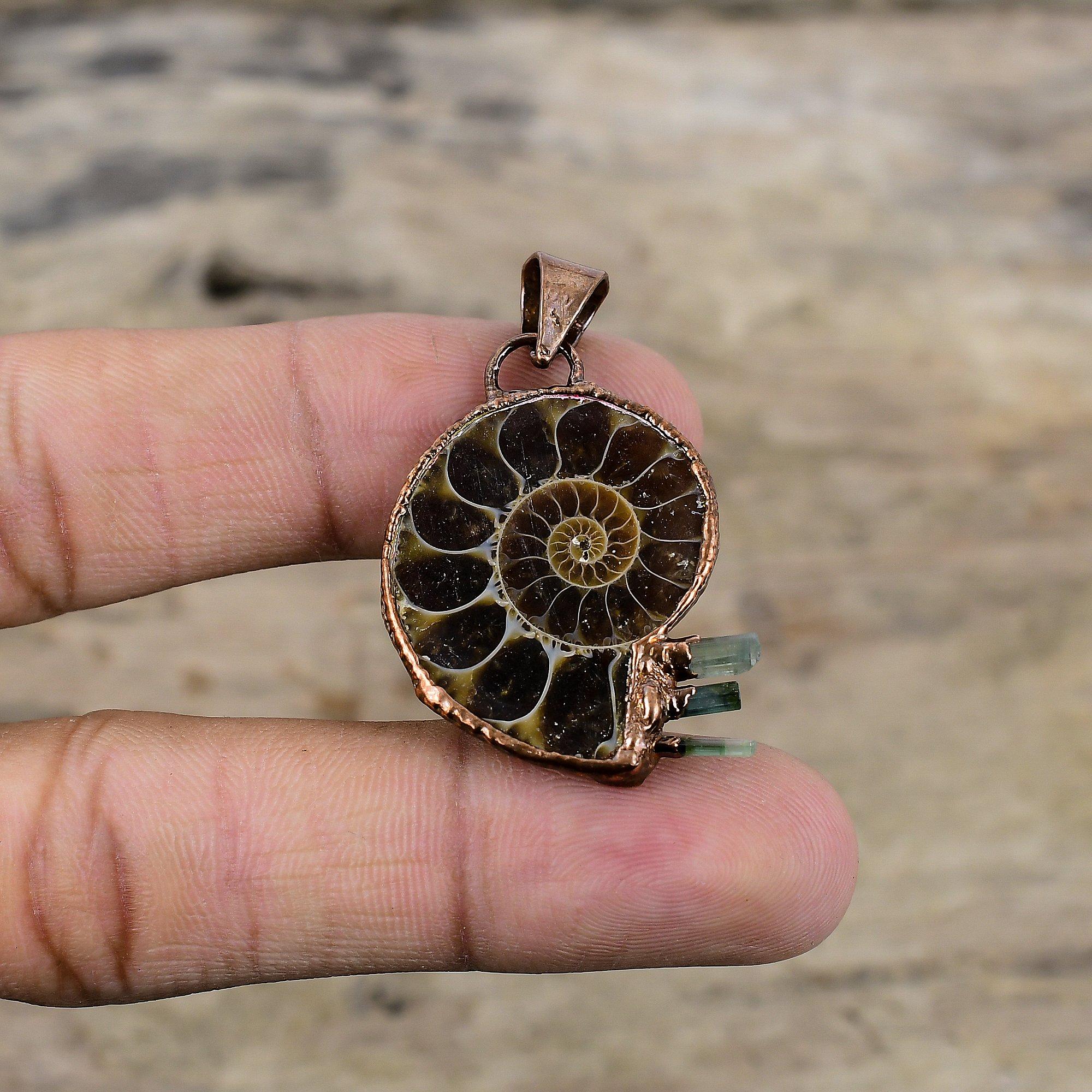 Подвеска из окаменелости аммонита, гальванопластическая медная подвеска, подвеска из драгоценного камня, грубая подвеска из аквамарина, ручная работа, гальванопластическая ювелирная подвеска для женщин