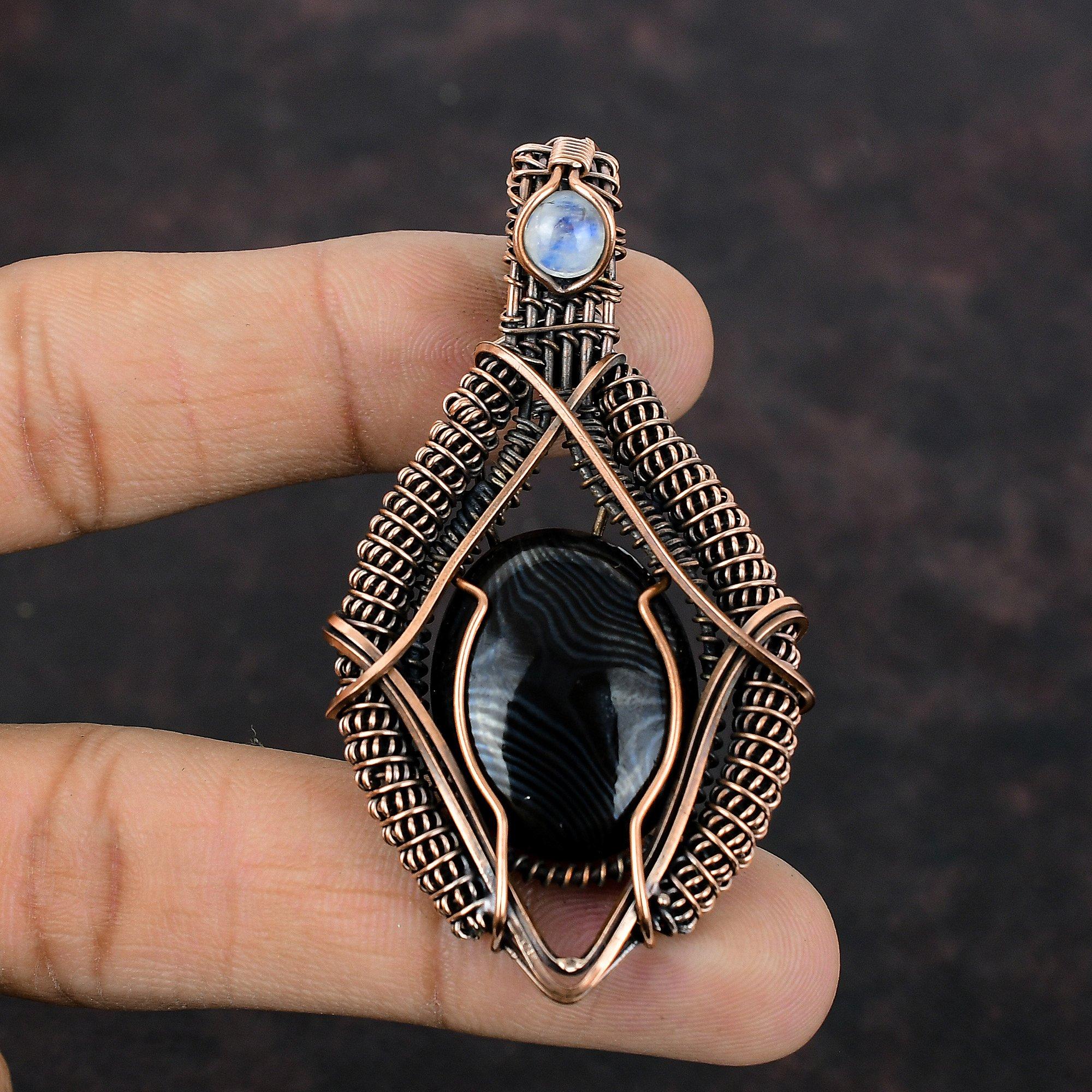 Psilomelane Gemstone Pendant Rainbow Moonstone Pendant Copper Wire Wrapped Pendant Handmade Wire Wrap Jewelry Gift For Mother Copper Jewelry