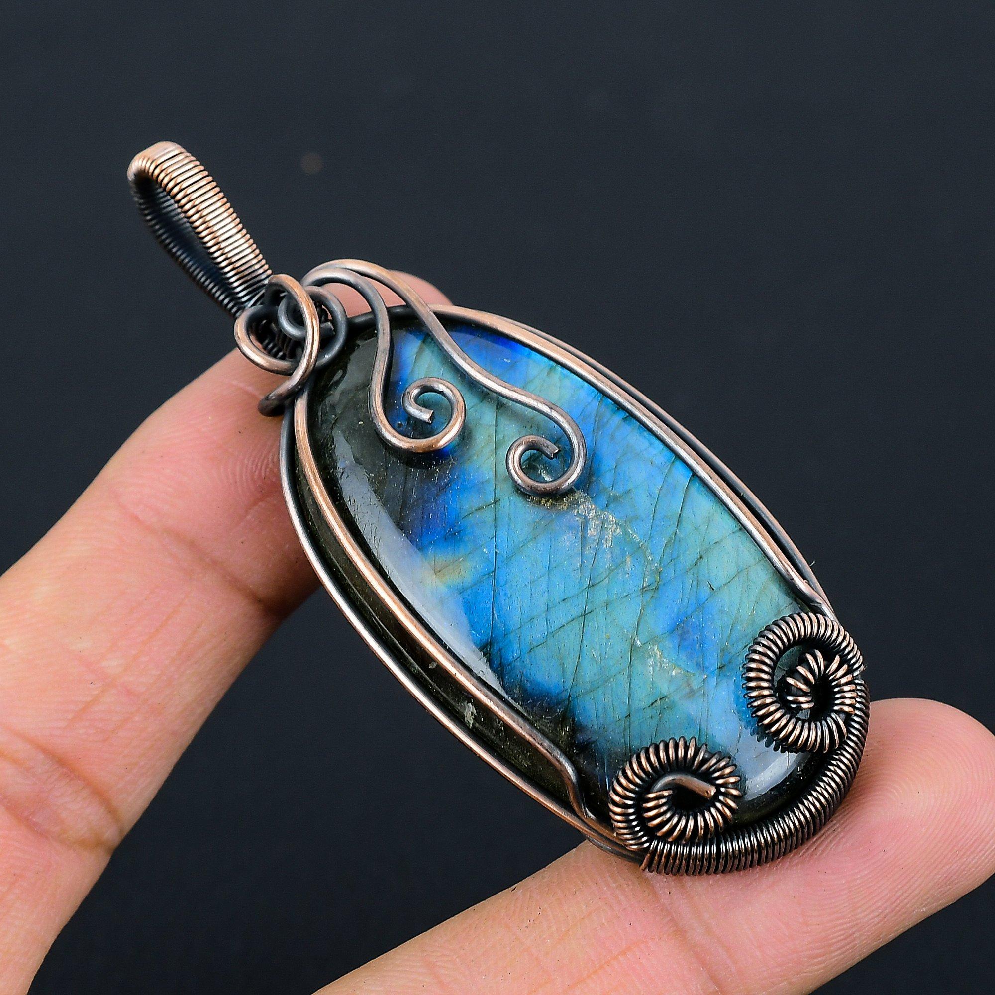 Лабрадорит Драгоценный камень Чистая медная проволока Обернутая ювелирная подвеска ручной работы