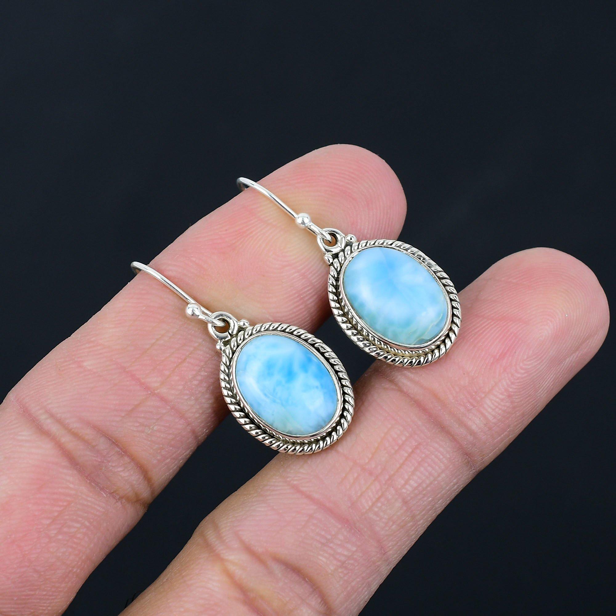 Larimar Gemstone Earrings Solid 925 Sterling Silver Handmade Earrings Jewelry Gift For Women And Girls E-1287