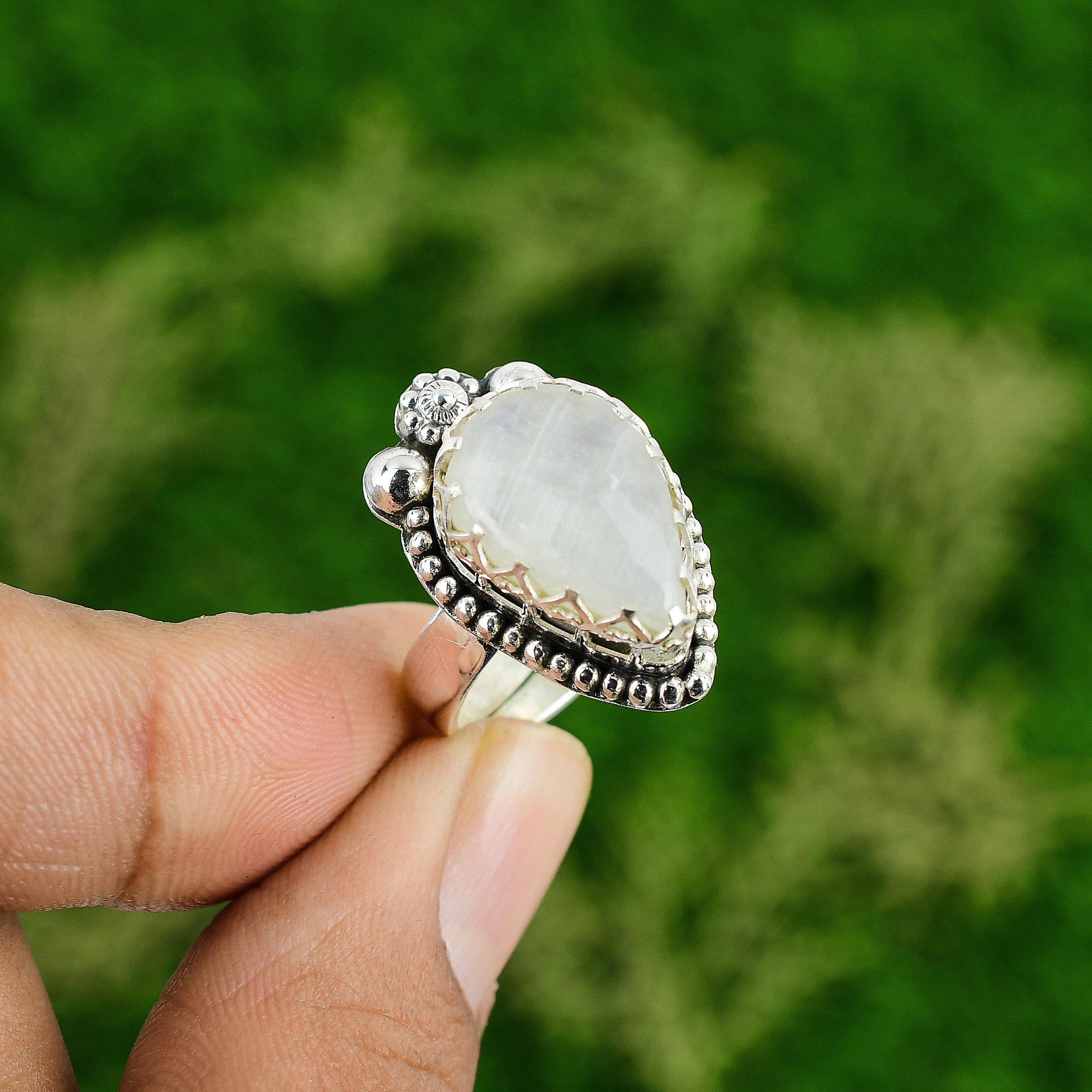 Natural Rainbow Moonstone Multi Stone Adjustable Ring 925 Silver For Women