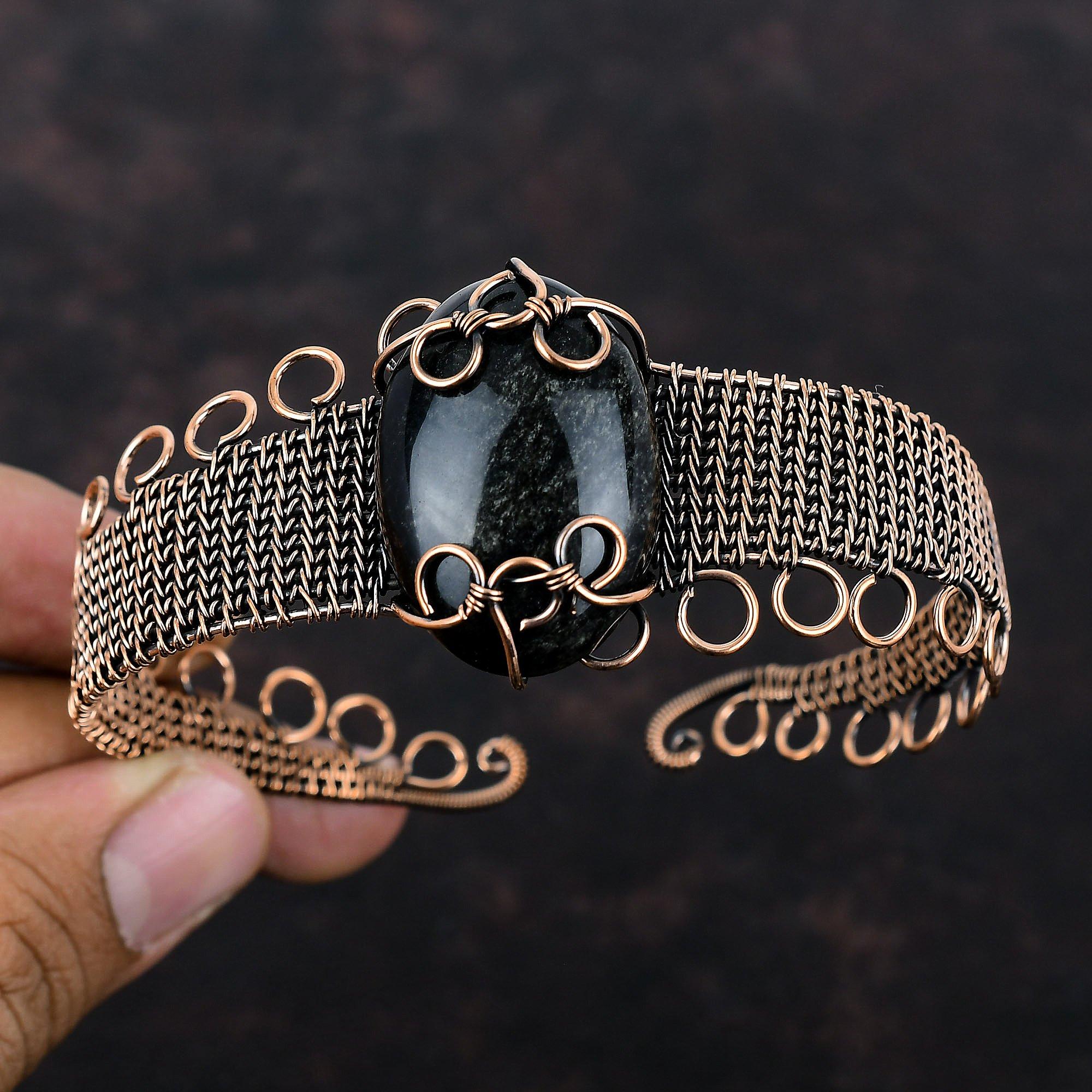 Браслет-манжета из обсидиана с серебристым блеском, браслет-манжета из драгоценного камня, регулируемый браслет-манжета, обмотанный медной проволокой, медные украшения, подарок для нее, браслет ручной работы