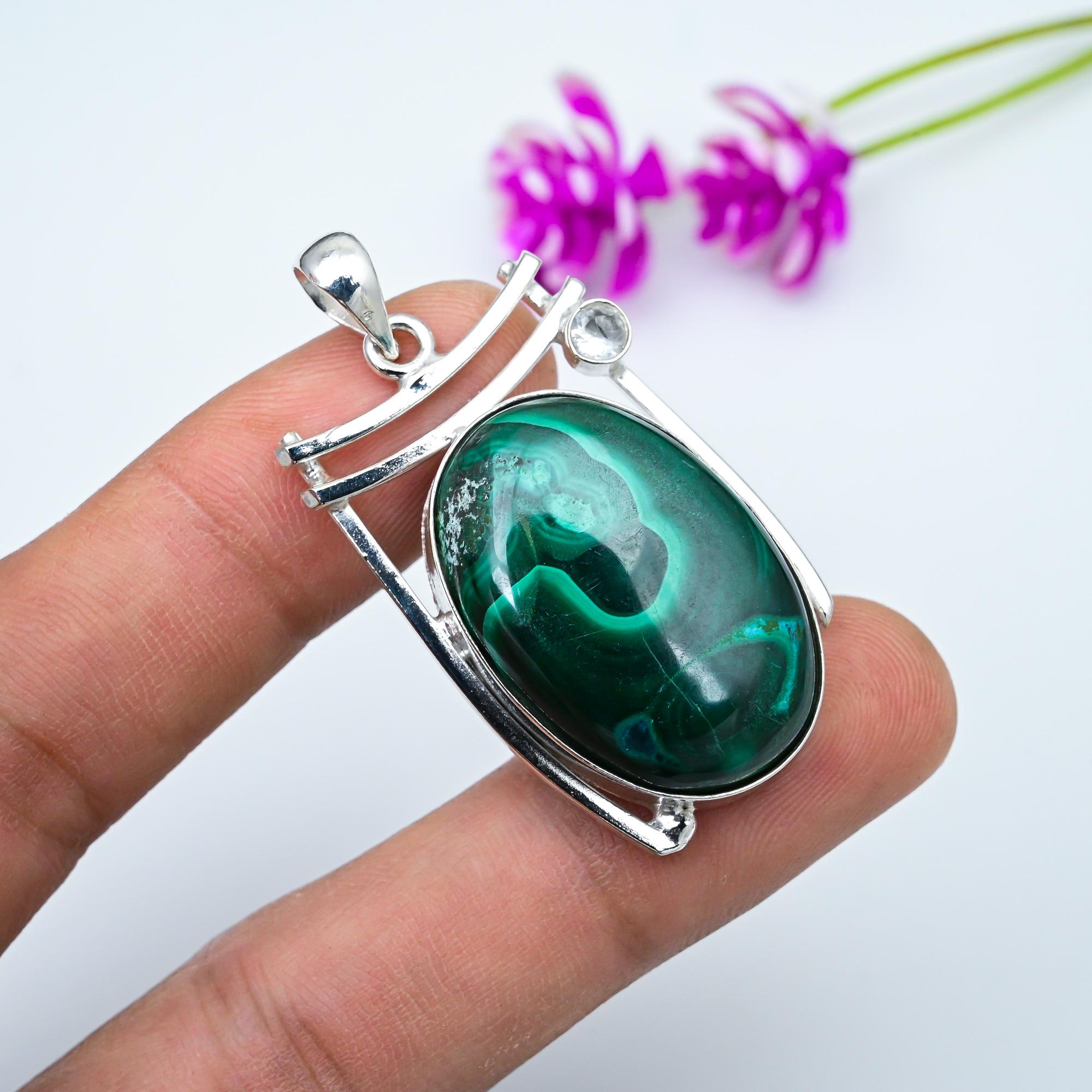 Подвеска из малахита и белого топаза, ювелирное изделие из стерлингового серебра 925 пробы. Подарок для женщин, подвеска ручной работы, ювелирные изделия из драгоценных камней