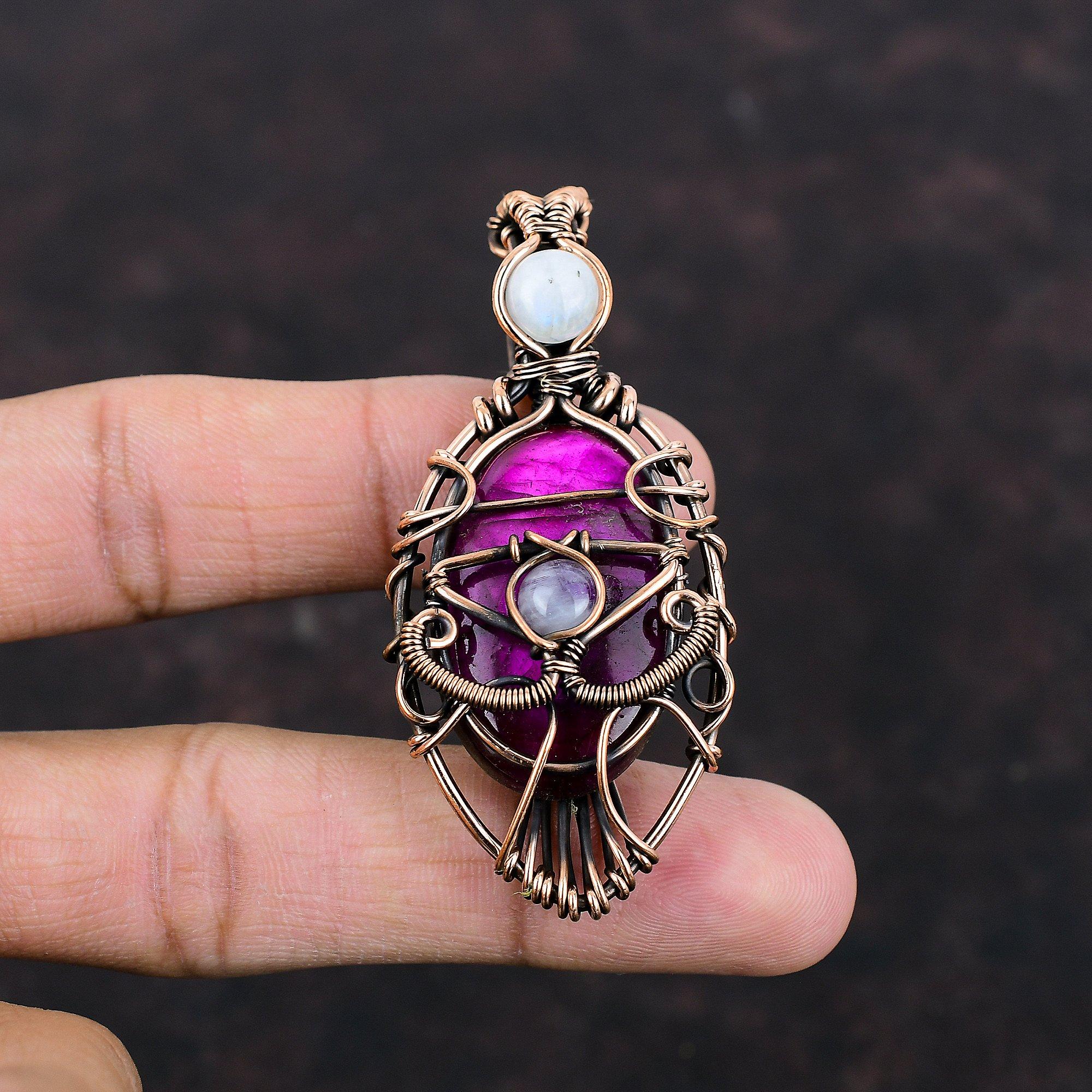 Подвеска из фиолетового огненного лабрадорита от сглаза, медная проволочная обертка, изящное украшение ручной работы из драгоценных камней, подвеска из радужного лунного камня в подарок маме