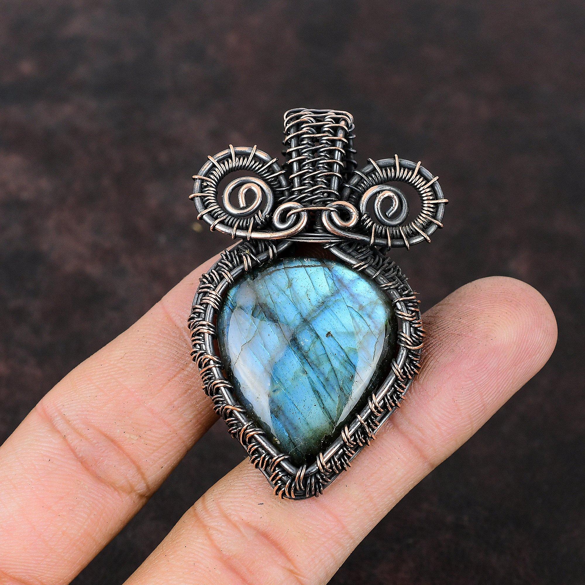 Подвеска из лабрадорита с драгоценным камнем, медная проволока, кулон, медные украшения, кулон ручной работы, подарок на годовщину, кулон из лабрадорита, ювелирные изделия из проволоки