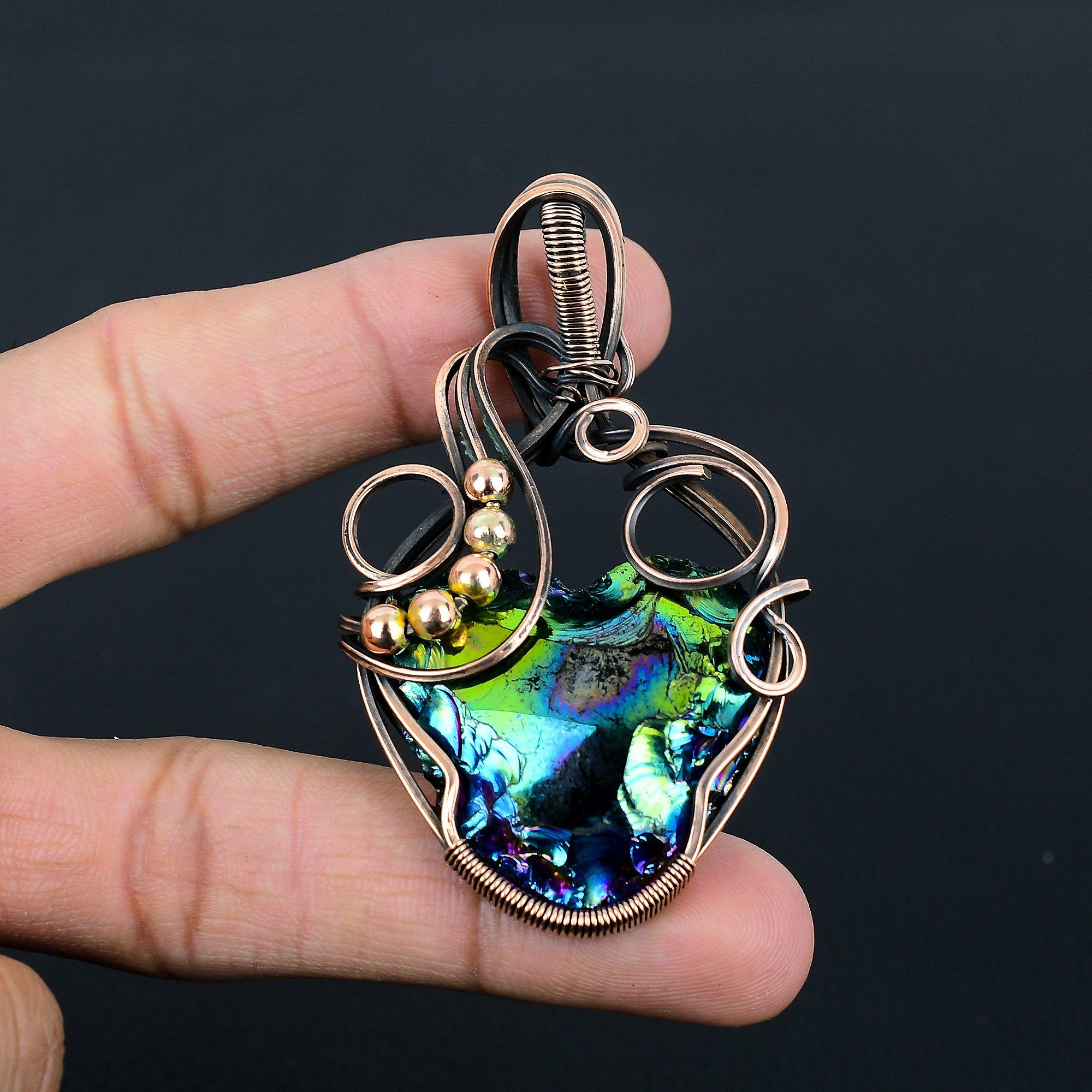 Павлин Аура Друзы Драгоценный камень ручной работы из чистой медной проволоки Ювелирный кулон для женщин