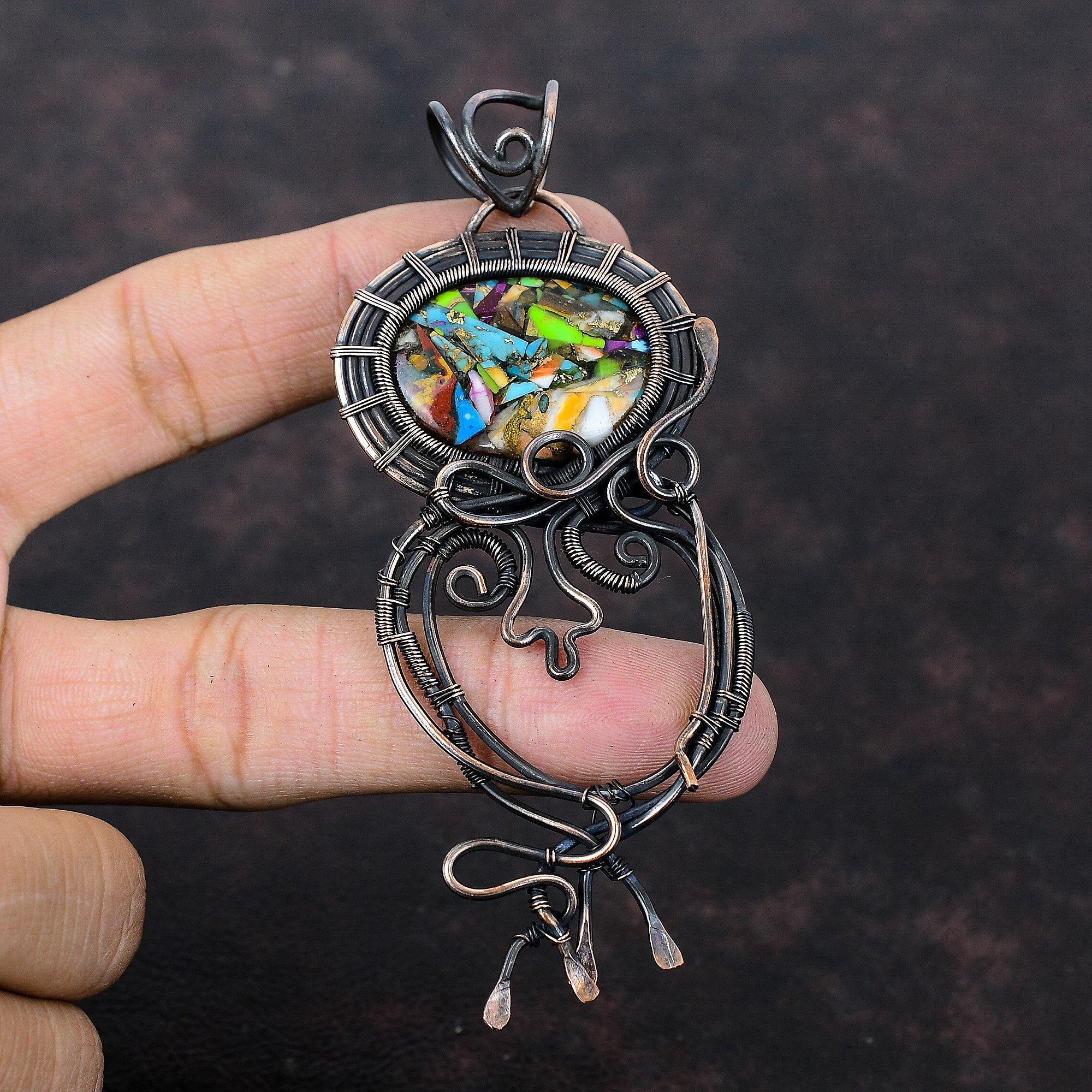 Fiesta Kingman Turquoise Pendant Copper Wire Wrapped Pendant Handmade Wire Jewelry Multi Copper Turquoise Pendant Gemstone Pendant For Gift