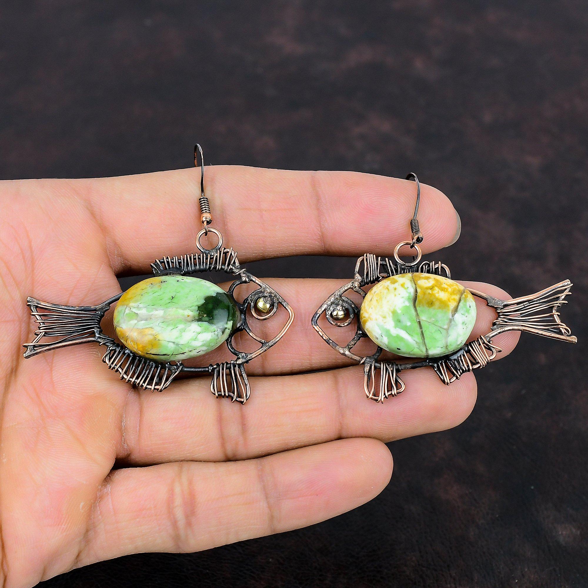 Серьги из австралийского хрома и халцедона, обернутые медной проволокой, серьги с драгоценными камнями, серьги-рыбки, украшения из медной проволоки ручной работы, подарки для жены