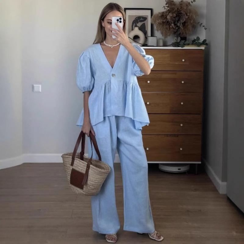 Комплект из хлопка, однотонный, с V-образным вырезом, короткими рукавами, топом и широкими брюками, повседневный женский комплект из 2 предметов, простой повседневный комплект из длинных брюк, весна-лето 2025 г.