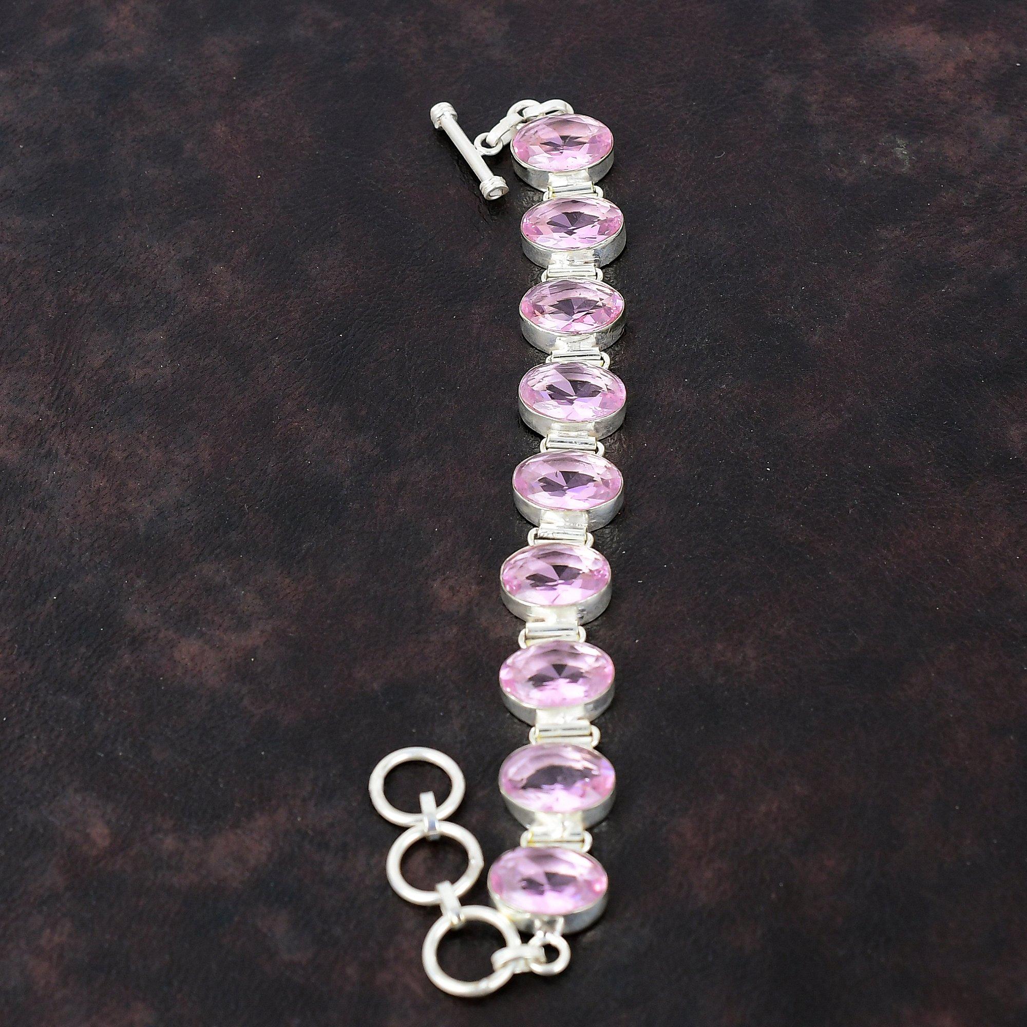 Граненый розовый браслет из кунцита Браслет ручной работы Браслет из стерлингового серебра 925 пробы Регулируемый браслет-цепочка Достойный ювелирный подарок из драгоценных камней для жены