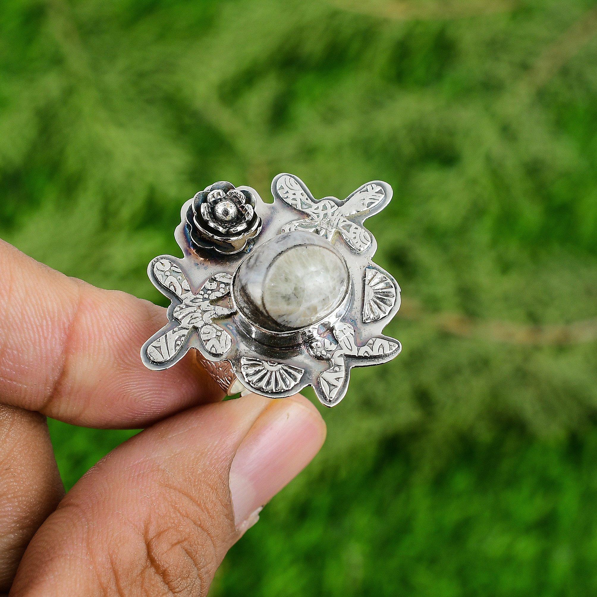 Natural Orthoceras Fossil Solitaire Flower Adjustable Ring 925 Silver