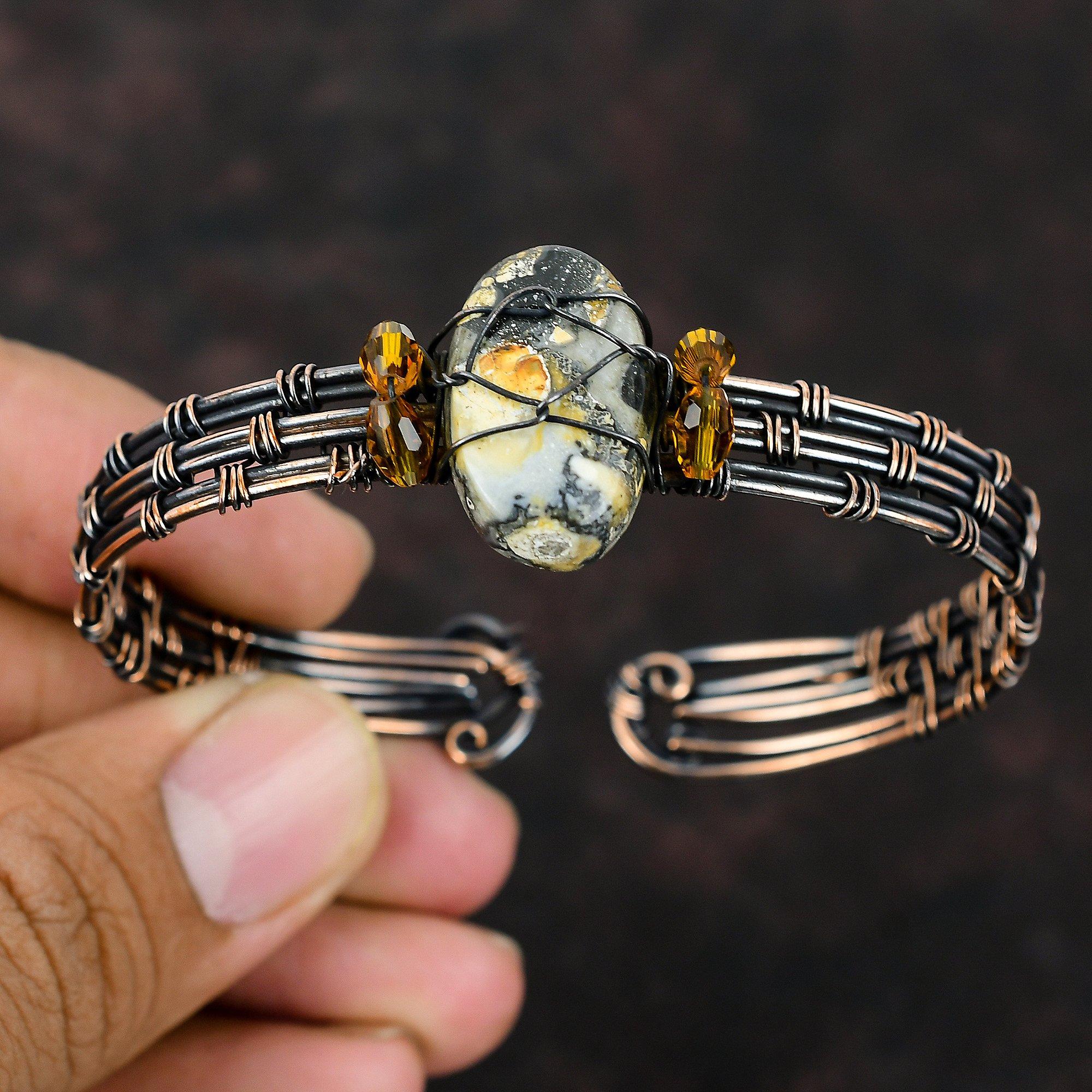 Браслет-манжета из яшмы Малигано, браслет с бусинами цитрина, браслет из медной проволоки, обернутый камнем, регулируемый браслет, браслет ручной работы, обернутый проволокой