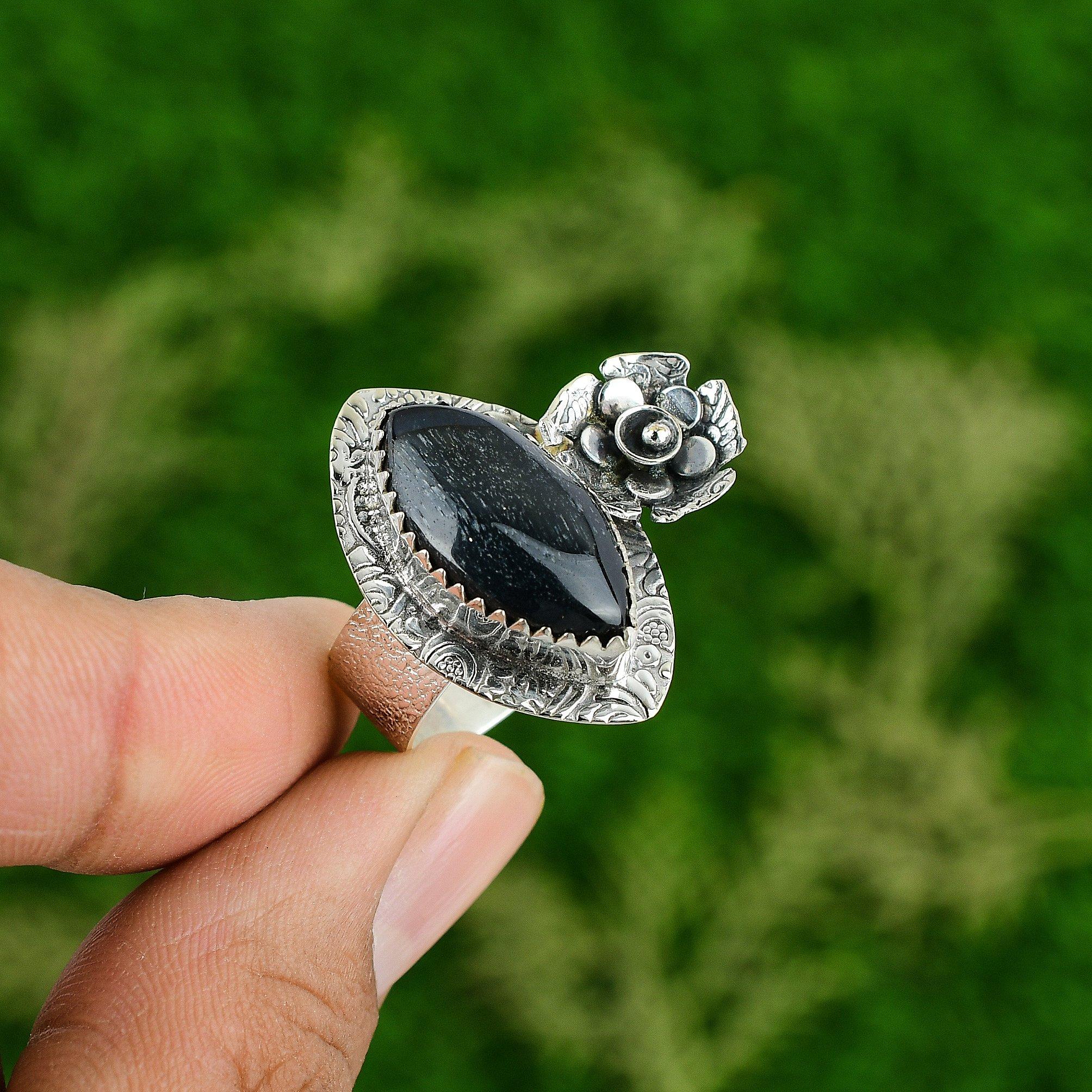 Natural Pietersite Gemstone Stackable Flower Blue Ring Size 8 925 Silver