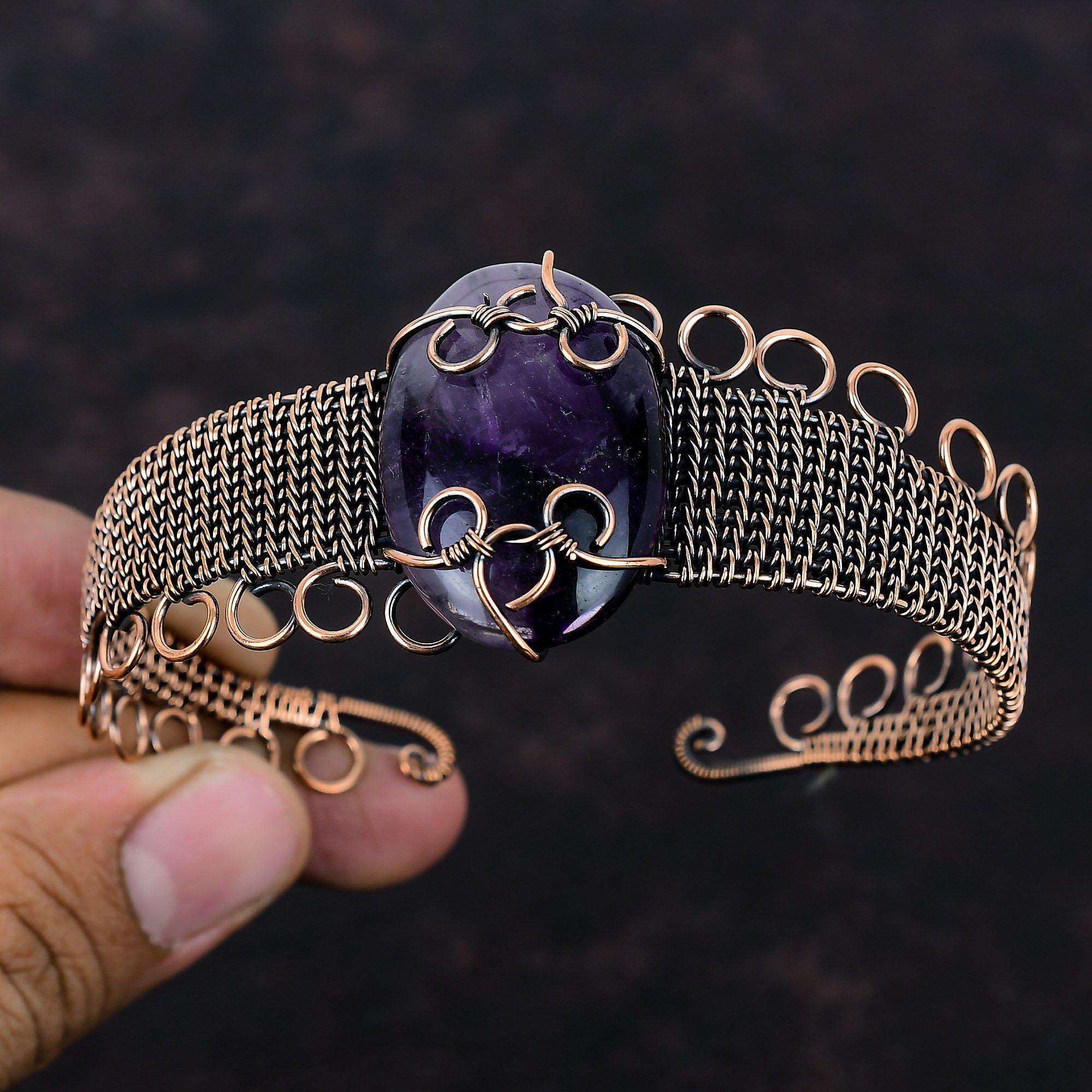 Браслет-манжета со звездным аметистом, браслет из медной проволоки, регулируемый браслет-манжета, драгоценный камень, медные украшения, антикварный браслет ручной работы, подарок для нее