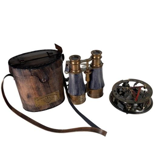 Викторианский морской латунный серый кожаный бинокль с солнечными часами Гилберта Сыновья, компасом, навигационным домашним декором и декором стола