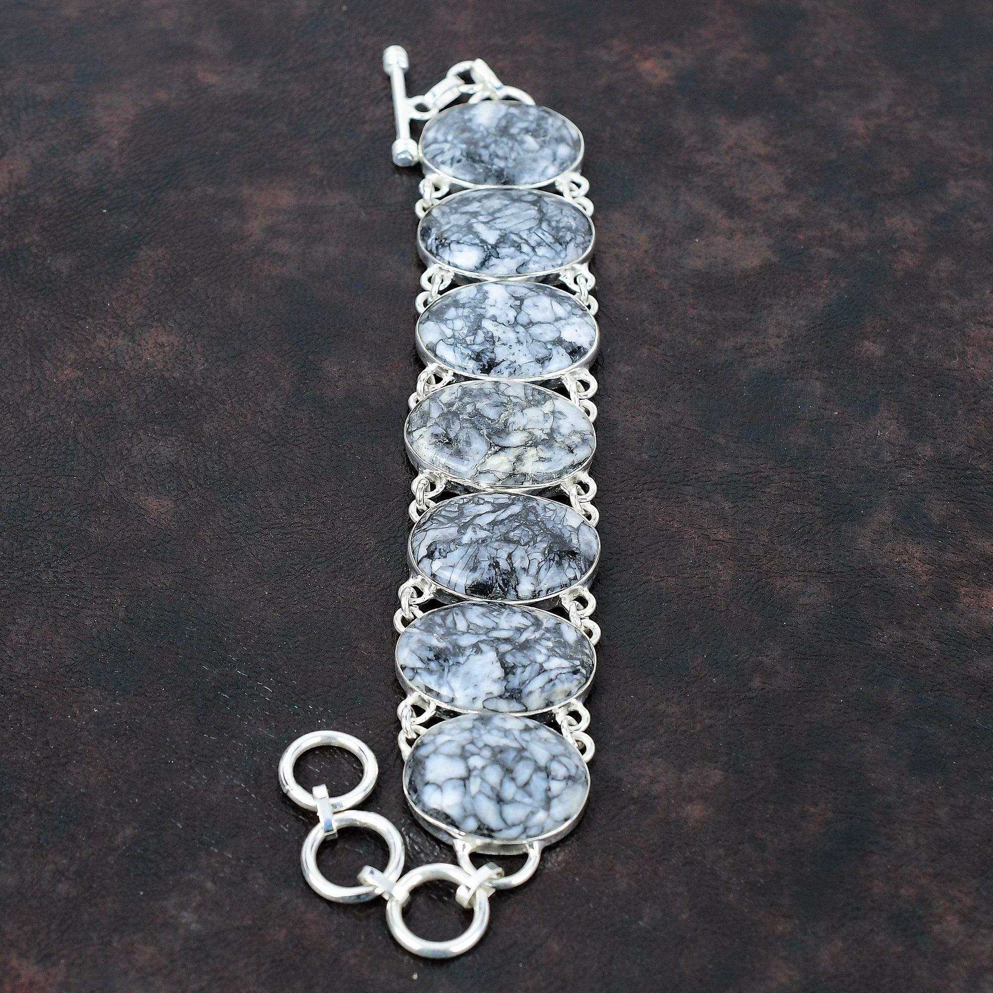 Браслет из драгоценных камней Pinolith Jasper Браслет ручной работы Браслет из стерлингового серебра 925 пробы Регулируемый браслет-цепочка Подарок на годовщину Дизайнерские украшения