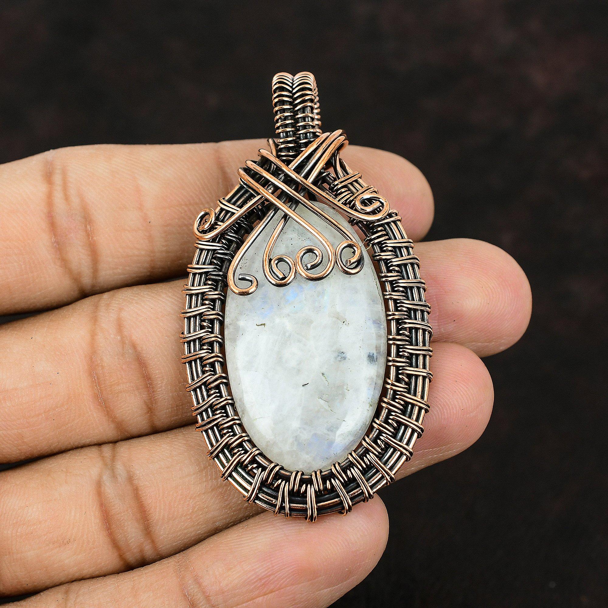 Подвеска из лунного камня, медная проволочная обертка, медные украшения, радужные украшения из лунного камня, подвеска ручной работы из драгоценного камня, проволочная подвеска, подарок для нее