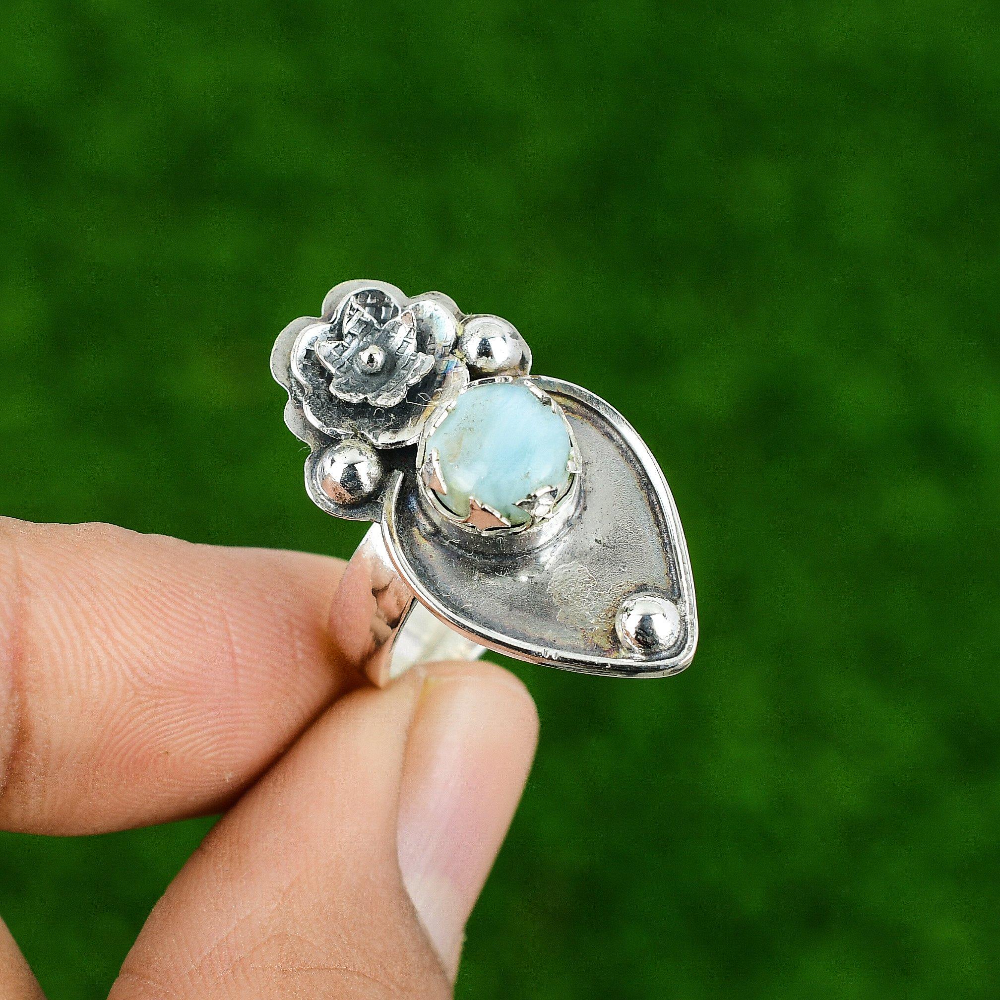 Gift For Her Natural Larimar Stackable Flower Adjustable Ring 925 Silver