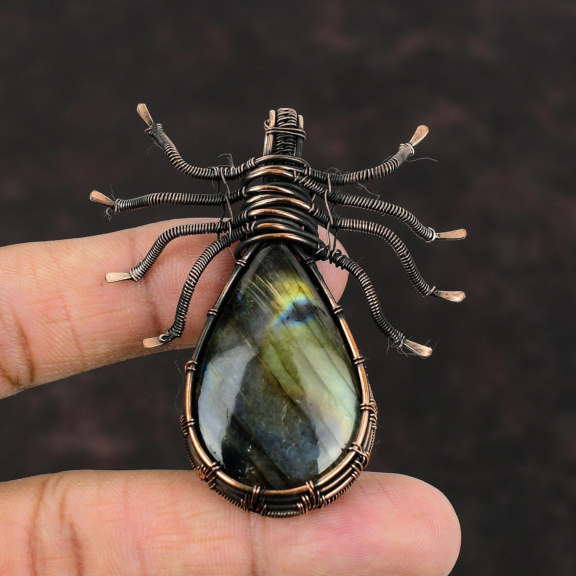 Подвеска из лабрадорита, подвеска из медной проволоки, подвеска из натурального драгоценного камня, антикварная медная бижутерия, подвеска в виде паука, ювелирное изделие ручной работы, подарок для нее