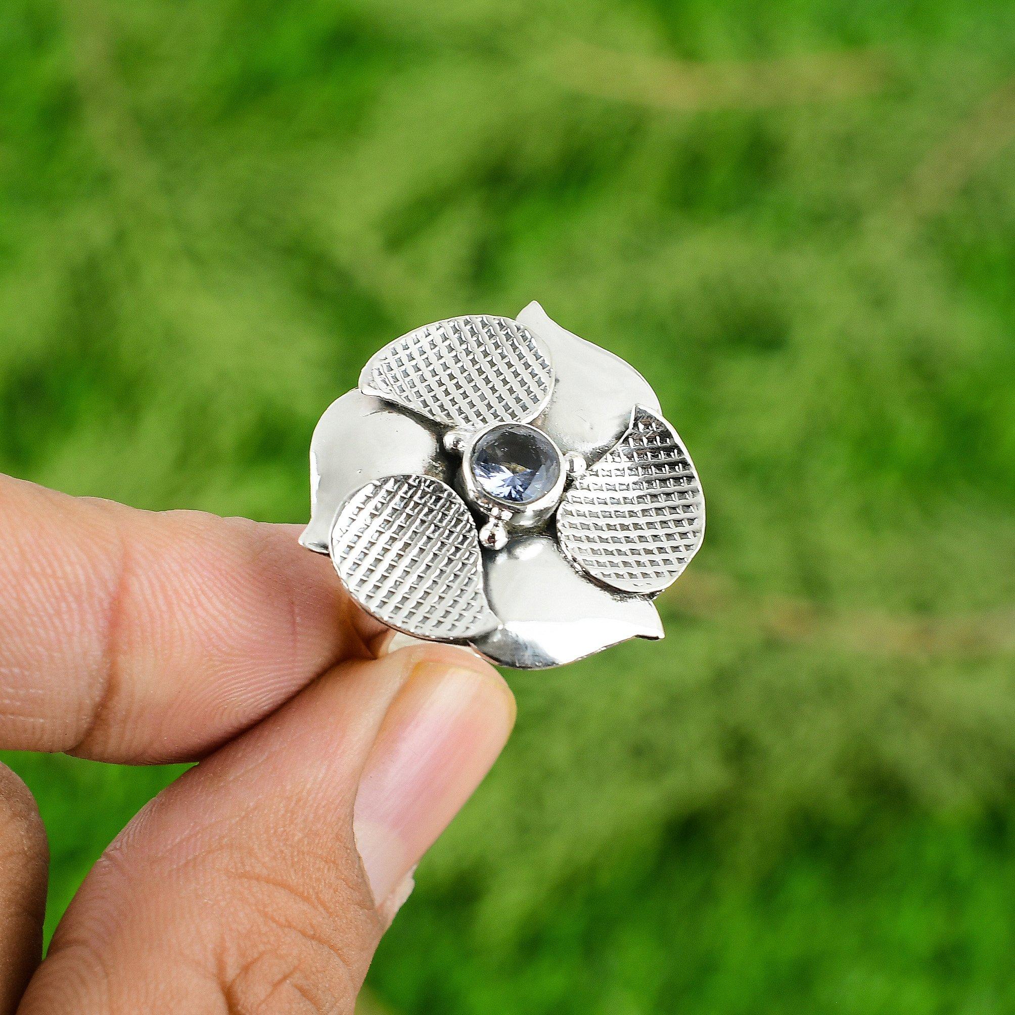 925 Silver Natural Tanzanite Quartz Bezel Statement Elegant Flower Ring Jewelry