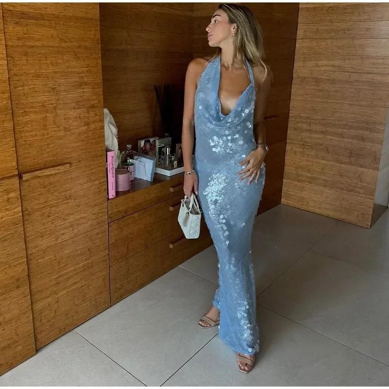 Euphoria Sequin Backless Party Dress Women Chic Sleeveless Lace Up Blue Female Evening Dresses 2024 Lady Bodycon Robe